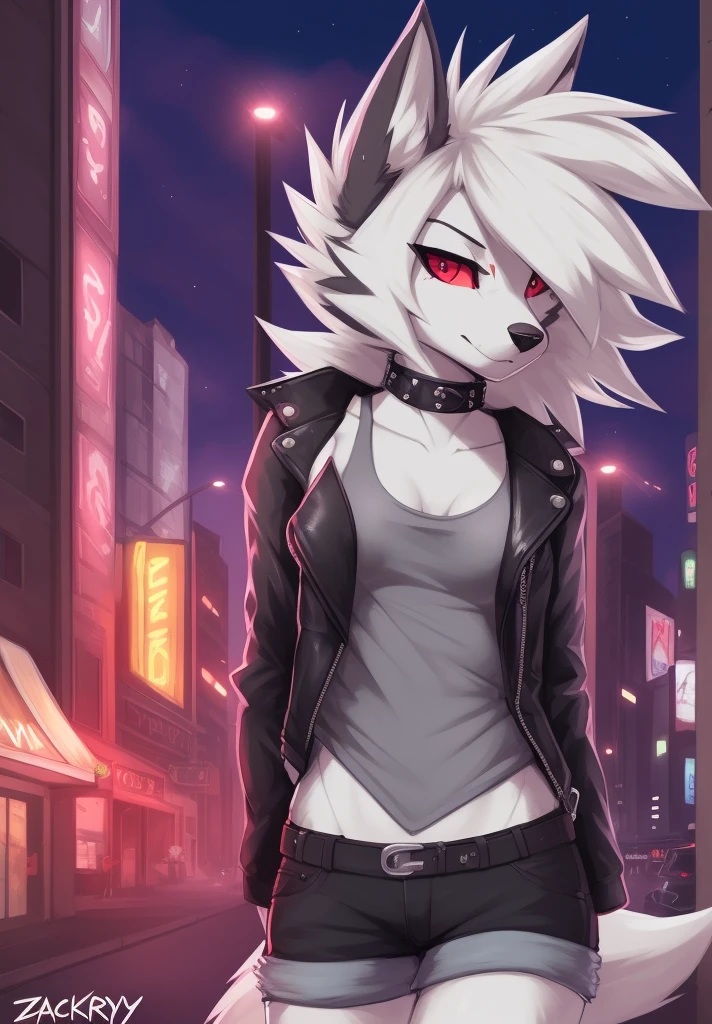 zackary911, by zackary911, anthro, lycanroc, hellhound, ((dark grey fur)), female, solo, 1woman, ((very small breasts)), ((tiny breasts)), denim shorts, ((tube top)), ((leather jacket)), husky tail, ((shaggy hair)), ((white hair)), on e621, choker, leather collar, detailed body, finely detailed eyes, finely detailed paws, punk style, female focus, ((nipple bump)), ((dark grey belly)), city street scene, red sclera, white pupils, digitigrade legs,