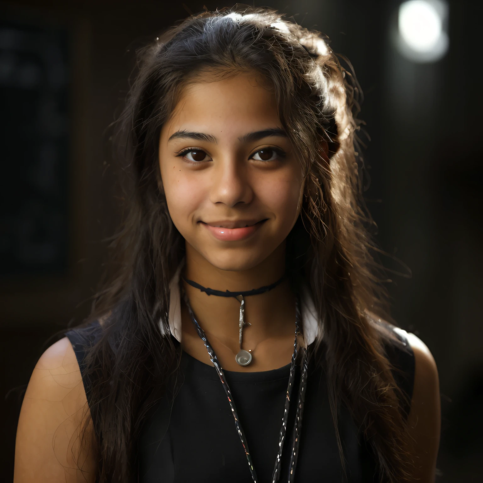 full body shot of a teenage Hispanic female wearing a school uniform, beautiful girl, head tilted to one side, smiling