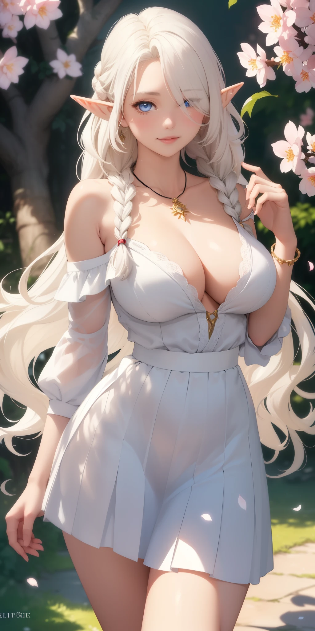 perfect big breasts, ((beautiful 25 year old elf))((long wavy white hair with single braid, hair over one eye)) light blue eyes (detailed background), detailed landscape, 1 girl, solo, looking at viewer , smile, skirt, shirt, neckline, bare shoulders, jewelry, collarbone, white shirt, exterior, necklace, off shoulder, bracelet, ((masterpiece, hyper-realistic, hyper-detailed, best quality, 16k, light effect and shadow on the skin, bright colors)) petals, cherry blossoms, she is in a dynamic pose exuding passion, beautiful elf, hand on her abdomen, flower tattoo on her thigh