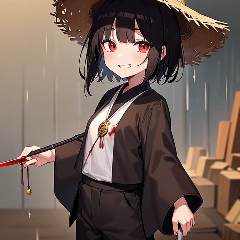 Little kid anime girl with short black hair and red eyes wearing a straw hat and a long sleeve black ancient Japanese shirt with blood stains and black ancient Japanese pants and wearing a gold medallion wide smiling smugly with a little bit of teeth showing and her head tilted to the right a little holding a bloody knife dripping blood in her right hand with blood on her right cheek in a ancient Japanese city in the rain
