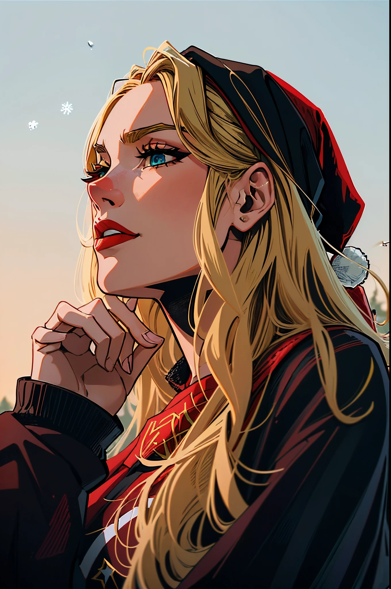 arafed woman with long hair and a black sweatshirt looks off into the distance,((young people:1.5)), ((Beautiful Hardcore Illustration homepage illustration style:1.2)),dark,((Red Christmas Hat:1.5)), high resolution, ((hard touch illustration:1.2, strong outline,Christmas style, Christmas fashion, 8k, ((American comic style:1.2)), colorful background, Hiroyuki Nagasaka, aggressive, beautiful face, cool beauty,beauty style, red color, battle, Hard illustration, blond colored hair, backwards,