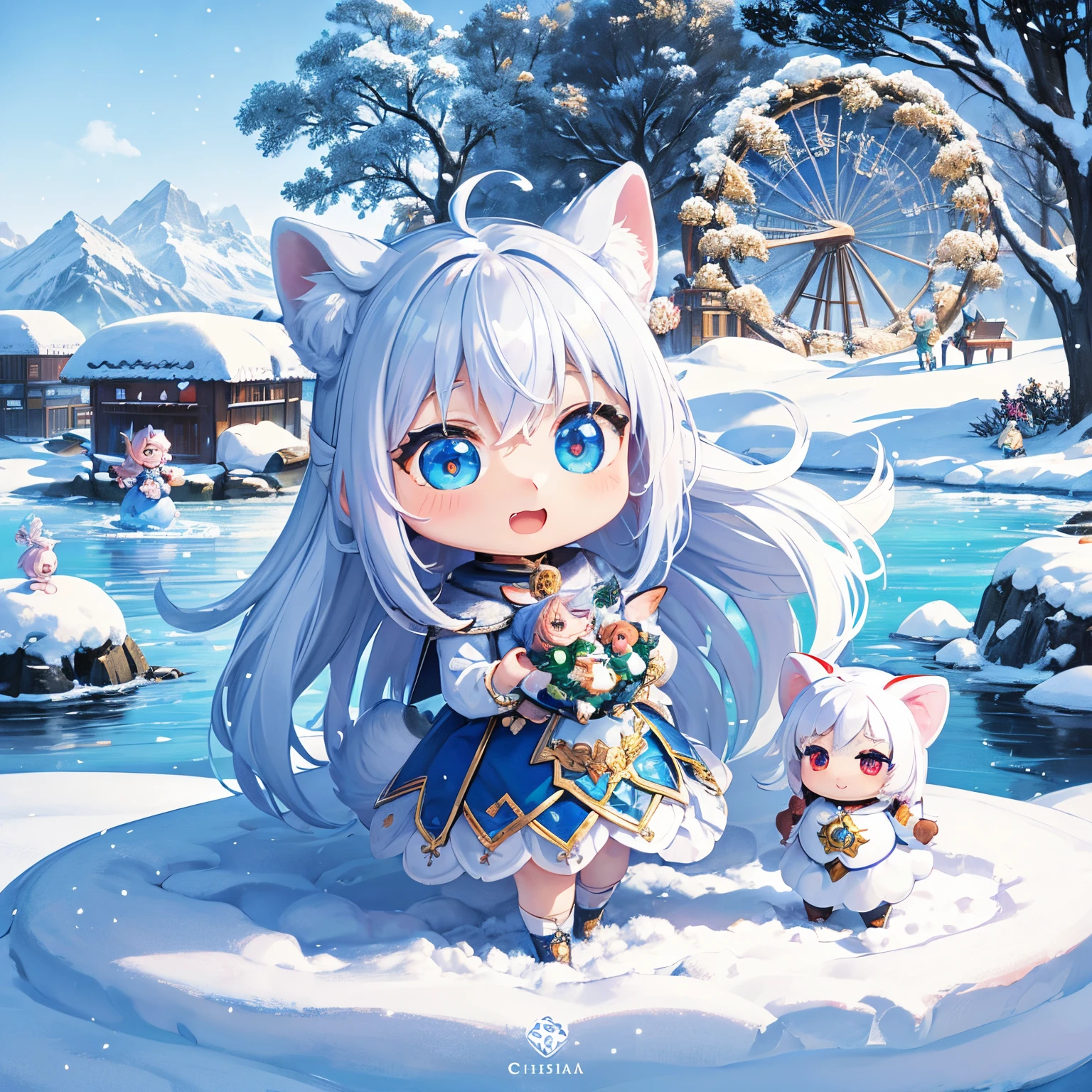 Anime girl with long white hair and blue eyes standing in the snow ...