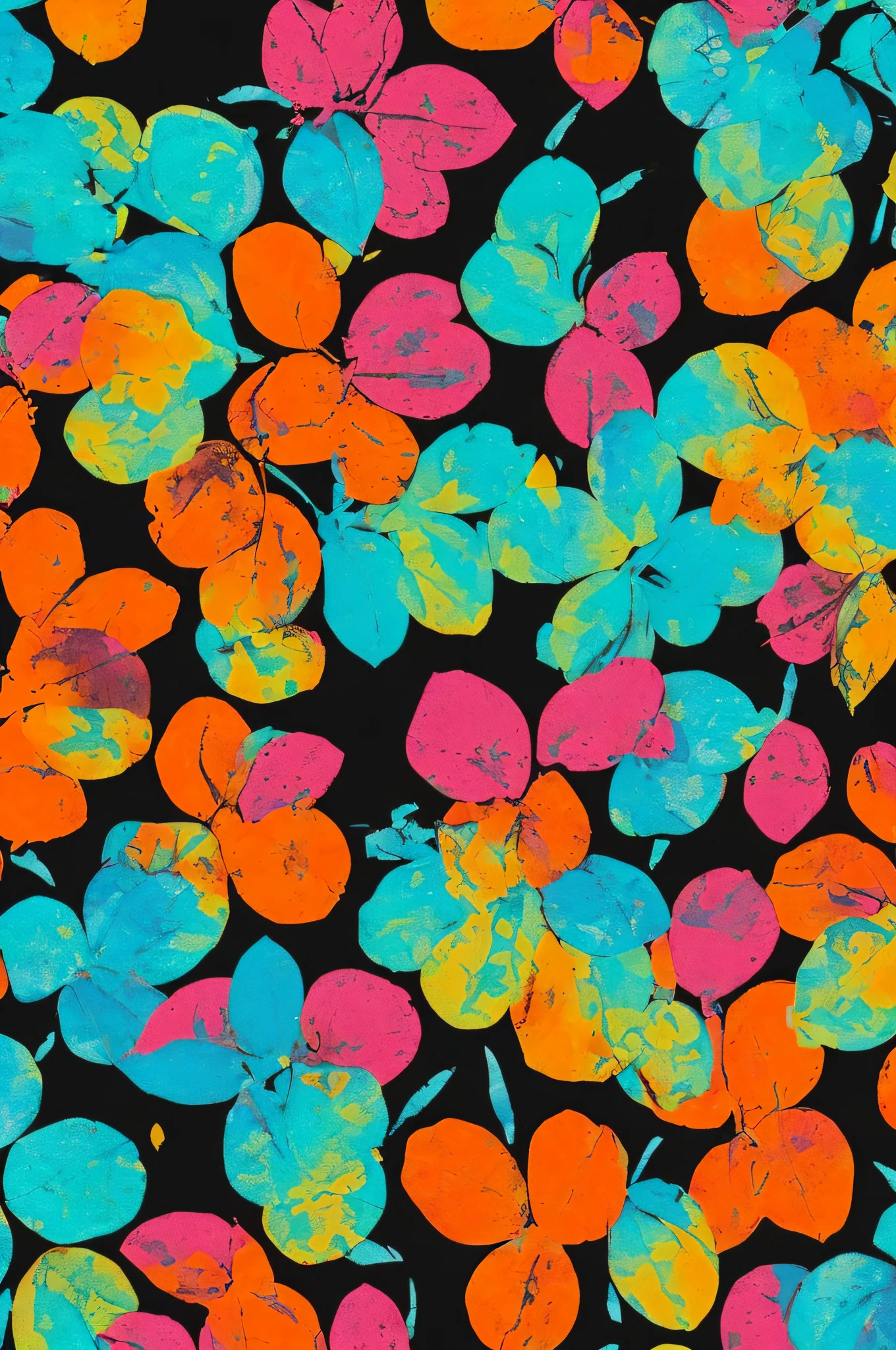 digital camouflage pattern using colors black, international orange, cyan, and magenta.