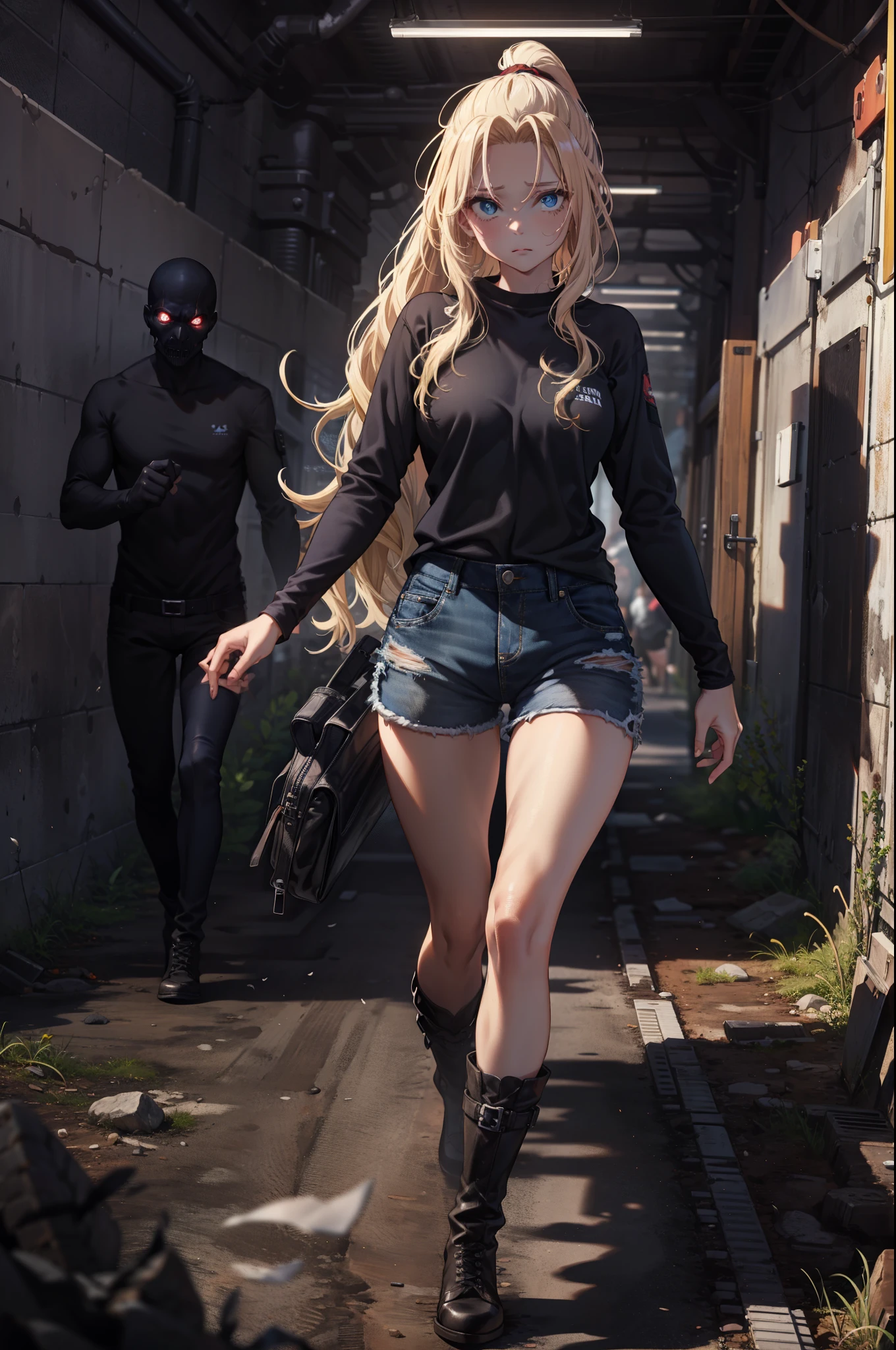 beautiful, (masterpiece:1.2), (best quality:1.2), 1 Beautiful woman, light skin, blue eyes, long blond ponytail, Cotton Long sleeve black shirt, Shorts, black stockings, tactical boots, facing viewer, scared expression, Dark scary hallway, Walking toward viewer alone, Horror atmosphere, apocalypse setting