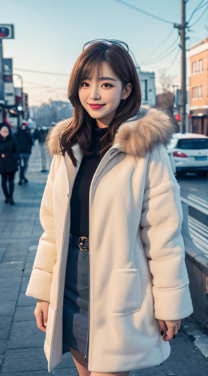 Best quality, 4K, 8K, Detailed faces,fully body photo，placed in a，Clear face, beuaty girl, Korean makeup, Redlip, Smilingly, perfect body figure,shoulder-length short hair,small,legs long,Slim,thin, Girl wearing long and wide fur coat, The jacket has a top tube and a hood underneath, lower abdom, snow landscape, Winters, the street,