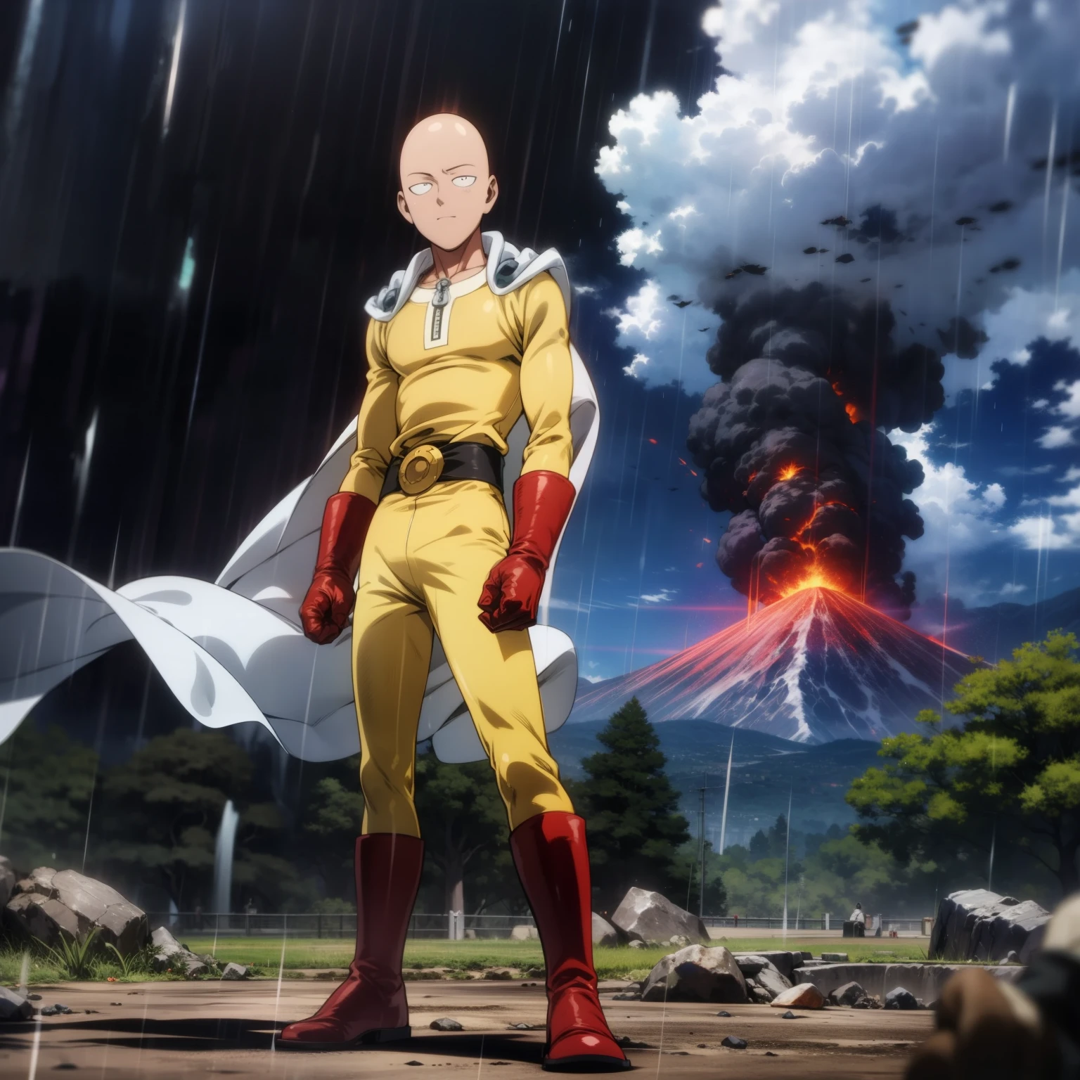 masterpiece, best quality, 1boy, (saitama), bald head, black eyes, red gloves and red boots, yellow clothes and white cape, standing, angry face, completely mad, fighting position, position to giving punch, Strom day, mountain forest sky, cloud Strom rain, destructive scenery, volcano blast, detailed face, evil smile, aura power, standing on mountain, battle position, natural light, standing, male focus, strong muscles, movie composition, deth of field, bokeh, (futuristic), (full body), one punch man, mappa studio