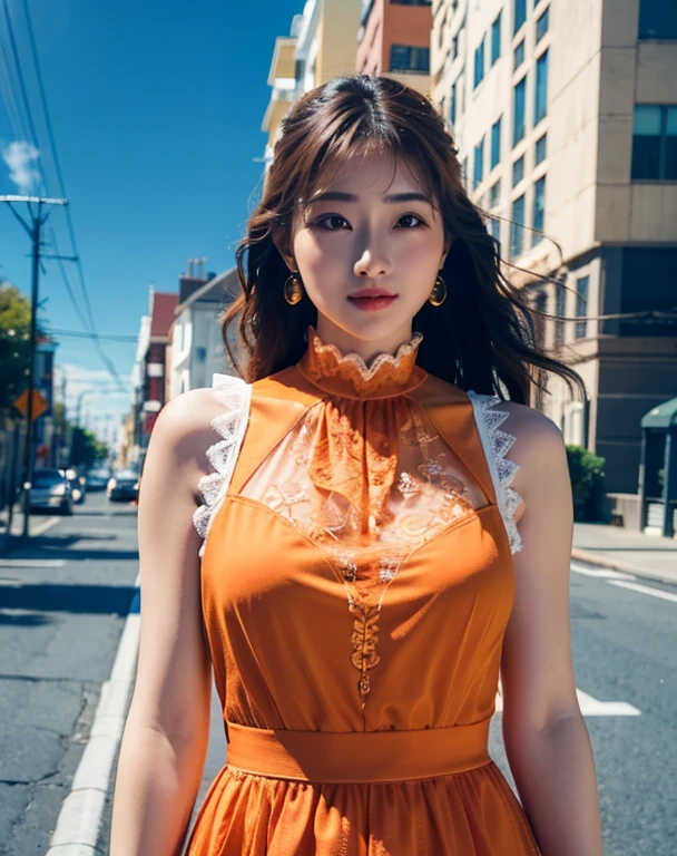A woman wearing a light orange dress posing on a street corner, Best Quality, hight resolution, 8K, 1girl in, (Huge breasts), day, Bright, plein air, (Street:0.8), (People, Crowds:1), (lace-trimmed dress:1.5, Light orange clothes:1.5, orange high neck dress:1.5, Sleeveless dress, Orange dress: 1.5), Golgoedium&#39;s hair), Beautiful detailed sky, Beautiful earrings, (Dynamic Pose:0.8), (Upper body:1.2), Soft lighting, Wind, Shiny skin, Looking at Viewer,