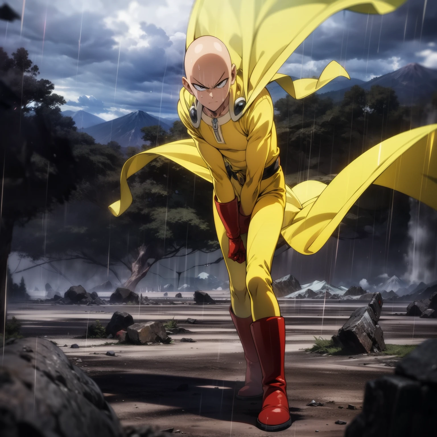 masterpiece, best quality, 1boy, (saitama), bald head, black eyes, red gloves and red boots, yellow clothes and white cape, standing, angry face, completely mad, fighting position, position to giving punch, Strom day, mountain forest sky, cloud Strom rain, destructive scenery, volcano blast, detailed face, evil smile, aura power, standing on mountain, battle position, natural light, standing, male focus, strong muscles, movie composition, deth of field, bokeh, (futuristic), (full body), one punch man, mappa studio