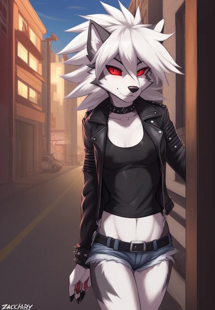 zackary911, by zackary911, anthro, lycanroc, hellhound, ((dark grey fur)), female, solo, 1woman, ((very small breasts)), ((tiny breasts)), denim shorts)), ((mad max style leather jacket)), husky tail, ((shaggy hair)), ((white hair)), on e621, choker, leather collar, detailed body, finely detailed eyes, finely detailed paws, punk style, female focus, ((nipple bump)), ((dark grey belly)), city street scene, red sclera, white pupils, digitigrade legs, full body, panty strap, ((blue tank top))