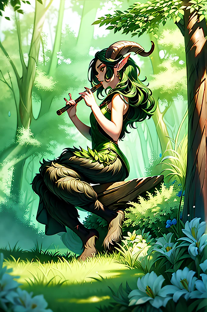 Female satyr playing the flute in a forest, Cara hermosa, Altamente detallado, highest qualityr, Altamente detallado