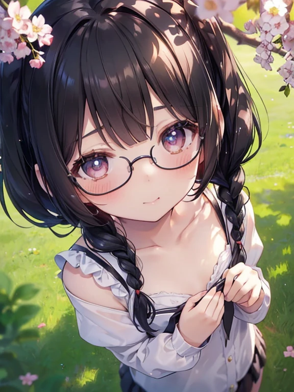 ultra-detailliert, Best Quality, High resolution, ((A petite, black-haired, cute girl with a big face looks up.))、Pretty eyes、Detailed eye depiction、Eye sparkle、Sareme、Looking at Viewer, pale skin、(((Petite))), 　（Naked sailor suit）、(flat chest), (big glasses), (blush:1.2), （big eye：1.5）, Shy smile, Under the cherry tree, Focus on the face, Long hair with braids,　((Super close-up of the face))、(((from above)))