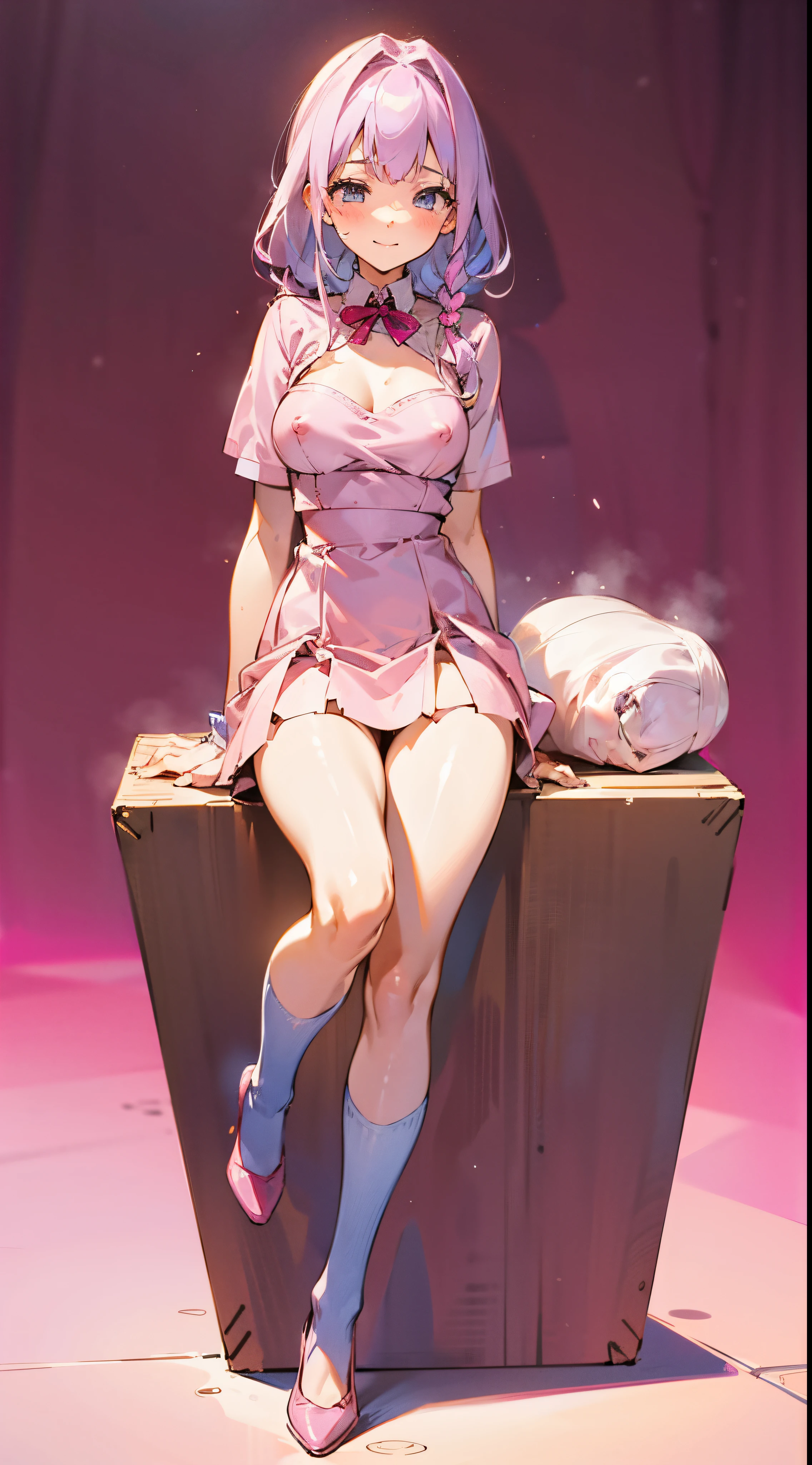 Anna Millers pink uniform, cute girl clerk, Customer service staff with a slightly embarrassed smile, leaning down, bustier-style pink dress with no chest, Soft breasts of about C cup size, pink fluttering mini skirt, and draw the full body, she stands on one leg、I'm taking off my panties down to my thighs。., Western style store, Her uniform is a little disheveled and her breasts are exposed.., Draw nipples, Draw the gap between the legs
