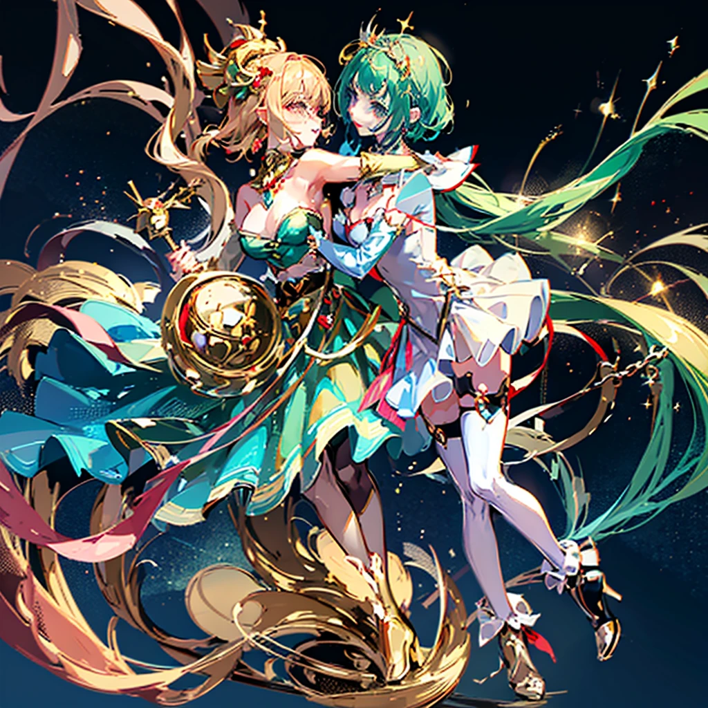 (NSFW, Almost naked costume), twins girls are magic wizards, Dynamic action, trick angle art, (face and appearance are different、It is asymmetrical:1.4), (Main theme Magical Girl Wars:1.3), Whimsical Magical Girl Enchantress, Layered dress imitating magical gift branches, Ornaments and baubles as decorative accents, Create a magical touch with metallic or sparkly fabrics, Add contrast with a tinsel belt that cinches your waist, Decorative earrings and necklaces to create a festive atmosphere, Strappy heels or boots in metallic shades, A headpiece reminiscent of a Christmas gift topper, Hair decorated with fake garlands and small ornaments, red and green glitter makeup (Aerial city background:1.2)