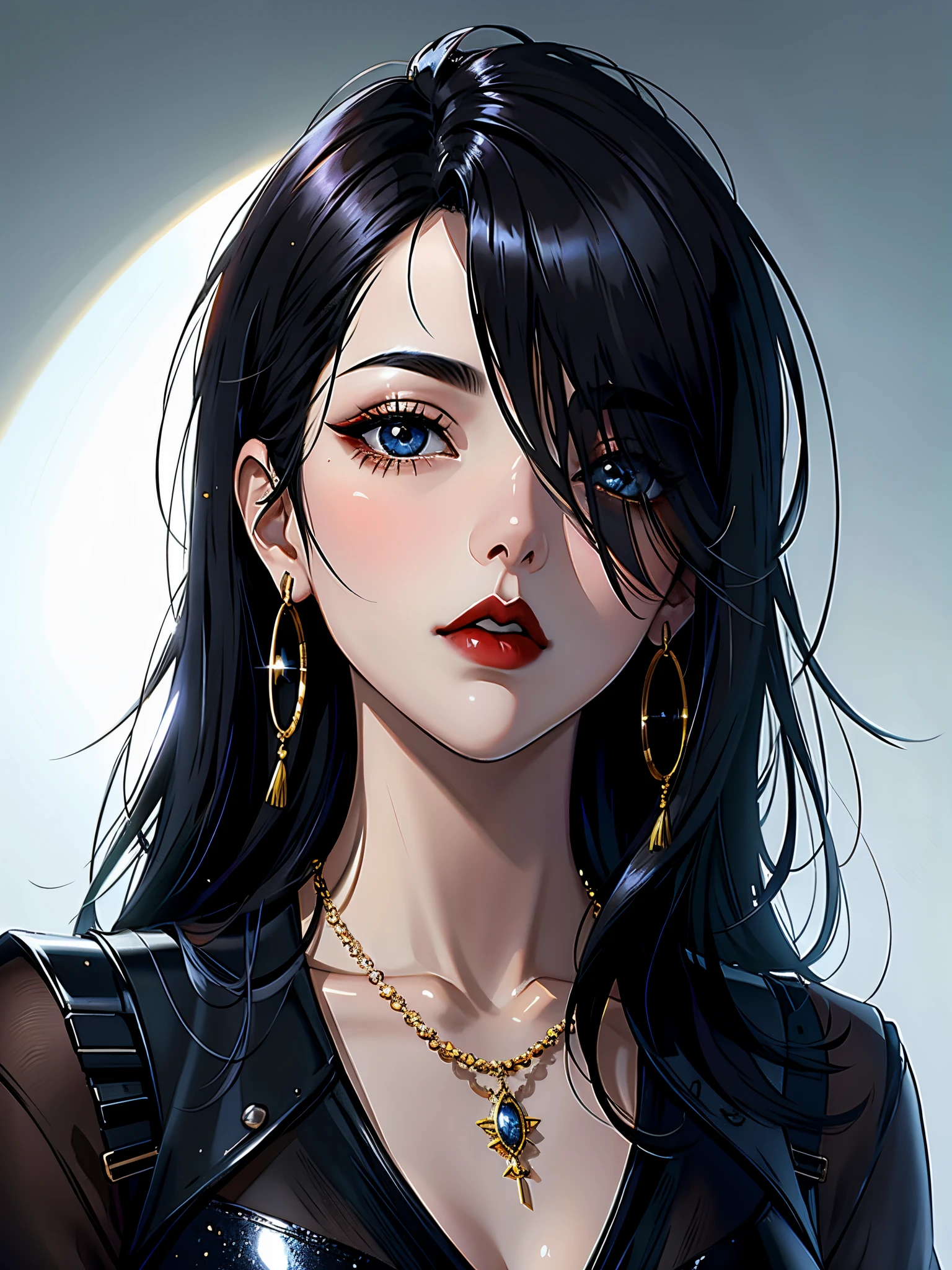 1girl in, 独奏, Jewelry, black hair, necklace, red-lips, Long hair, covered eyes, lipstick, makeup, upper-body, closed mouth, black dress, hair above one eye, 鎖骨, Dress,black theme,bad-girl, large breasts,sparkly skin,(mature female),Chic, Snthwve style, nvinkpunk Close-up portrait of a face (((sks person))), Smooth soft skin, big dreamy eyes, Beautiful intricate dyed hair, Symmetrical, anime wide eyes, soft-lighting, Detailed Face, makoto sinkai, by stanley artgerm lau, WLOP, rossdraws, Concept art, Digital Painting, looking up at the camera