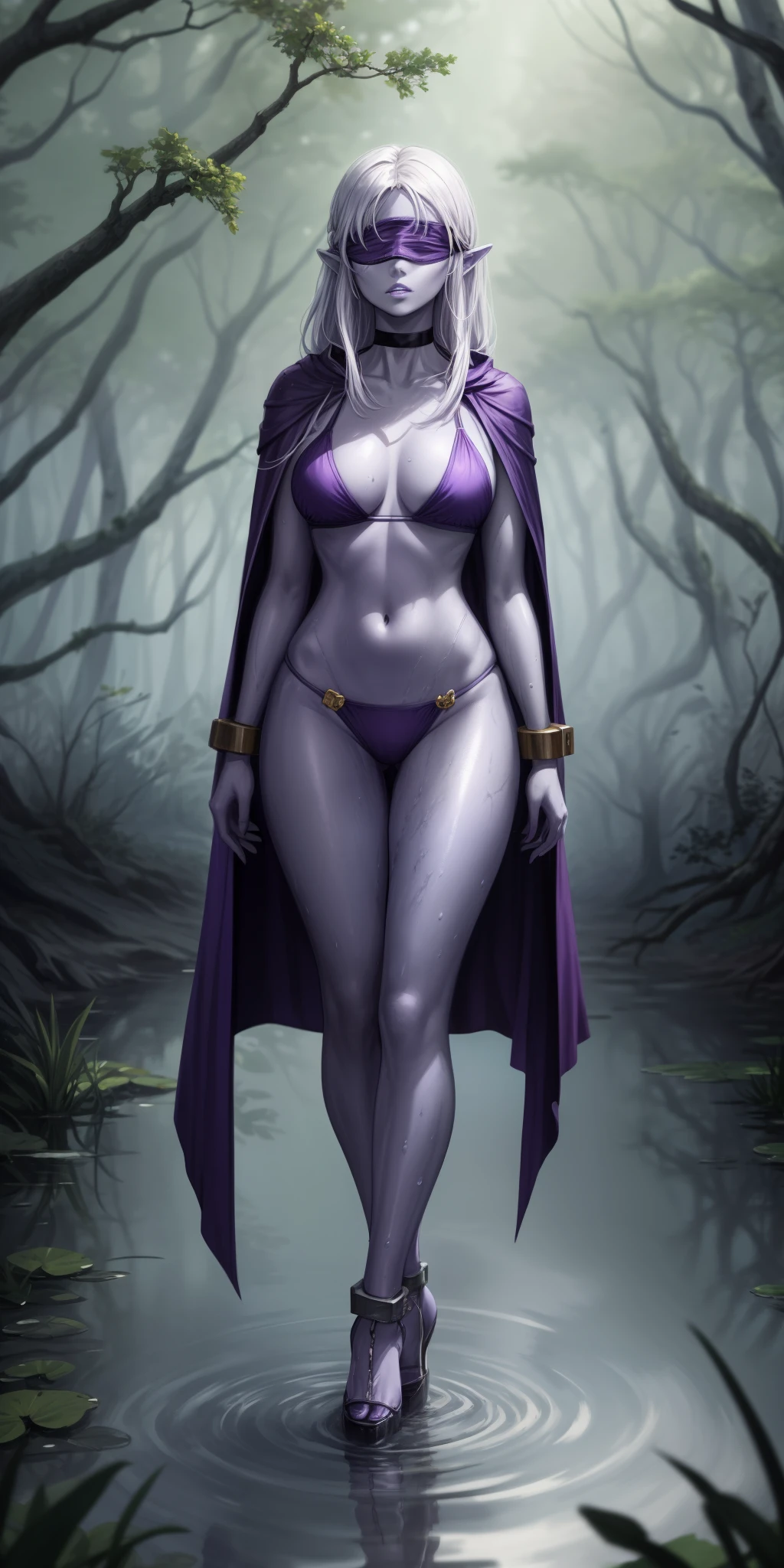 Full body, masterpiece, female drow elf purple skin standing pose, purple cape, purple bikini, long white hair, strong body, high heels, swamp background, water surface, daylight, trees, slave female with choker, blindfolded, shackles on legs and arms