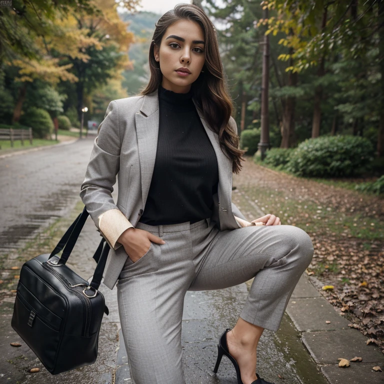 Show entire body, feet in view, aerial view,extremely low angle shot, full body, ray tracing, HDR,RAW PHOTO, hyperrealistic, ideal face template/Imagine A girl, Named fatemeh, 25 years and 7 months and 21 days old/ mixture of Phoenician, Greek, Armenian, and Arab/almond eyes, brown eyes, mesh hair,thick hair, ponytail/ bow-shaped lips, uptruned Nose, square jawline, narrow forehead, Protruding chin, high-arch eyebrows, black eyebrows , thick eyebrows/168 centimeters height, 61 kilograms weight,tanned body/ small mole on left eyebrow، small mole on the corner of the lower left lip, straight white blond wavy hair،A small amount of acne on the cheek، Cheek dimple, chin dimple/ buisness woman , grey suits and pants, expensive highheels shoes, Wristwatch, black bag/ forest mountain park, rainy day, cold, autumn /