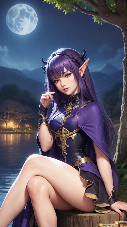 a woman in a purple dress sitting on a tree stump, fantasy art style, anime in fantasy style, alluring elf princess knight, beautiful elf with violet skin, beautiful alluring anime woman, epic fantasy art style hd, beautiful fantasy anime, epic fantasy art style, extremely detailed artgerm, dark elf princess, anime goddess, beautiful and elegant elf queen