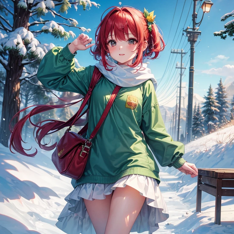 top-quality, hight resolution, 8K images,best qualtiy,hight resolution、A woman who is cute no matter who sees her、Stain cheeks red、Detailed CG background、Green hair, bobhair、Absolute area、Looking at the camera、(Illustration ratio:1.1)、walking、Cold winter mornings、Winter Sportswear、Long sleeves、hight resolution、foco nítido、Pikmin