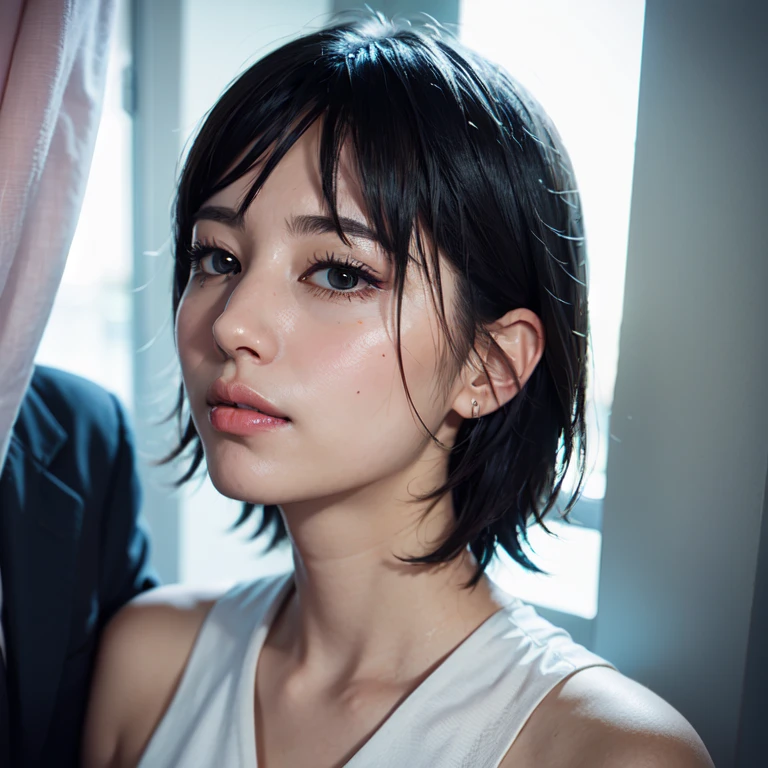vivid colors, soft lighting, artistic portrait style, (tmasterpiece:1.2, Best quality at best),Alone, black short hair, makeup, Confident and relaxed,parted lips , teats slightly embossing, Look up, view to camera, business suit, office, smile, mole under mouth
