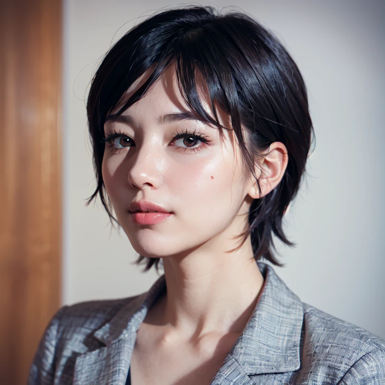 vivid colors, soft lighting, artistic portrait style, (tmasterpiece:1.2, Best quality at best),Alone, black short hair, makeup, Confident and relaxed,parted lips , teats slightly embossing, Look up, view to camera, business suit, office, smile, mole under mouth