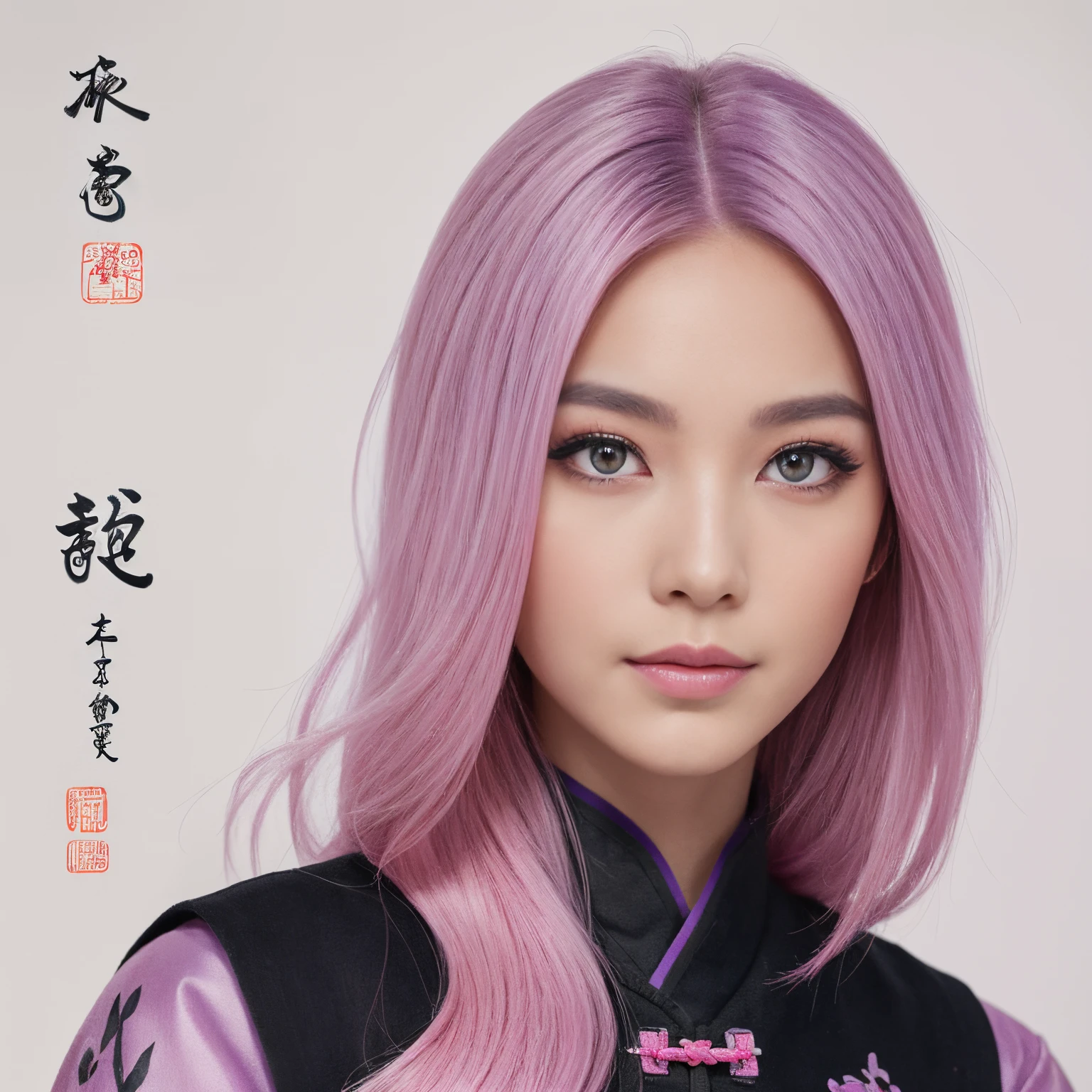 a girl, pink hair ,purple eyes, traditional Chinese ink painting.