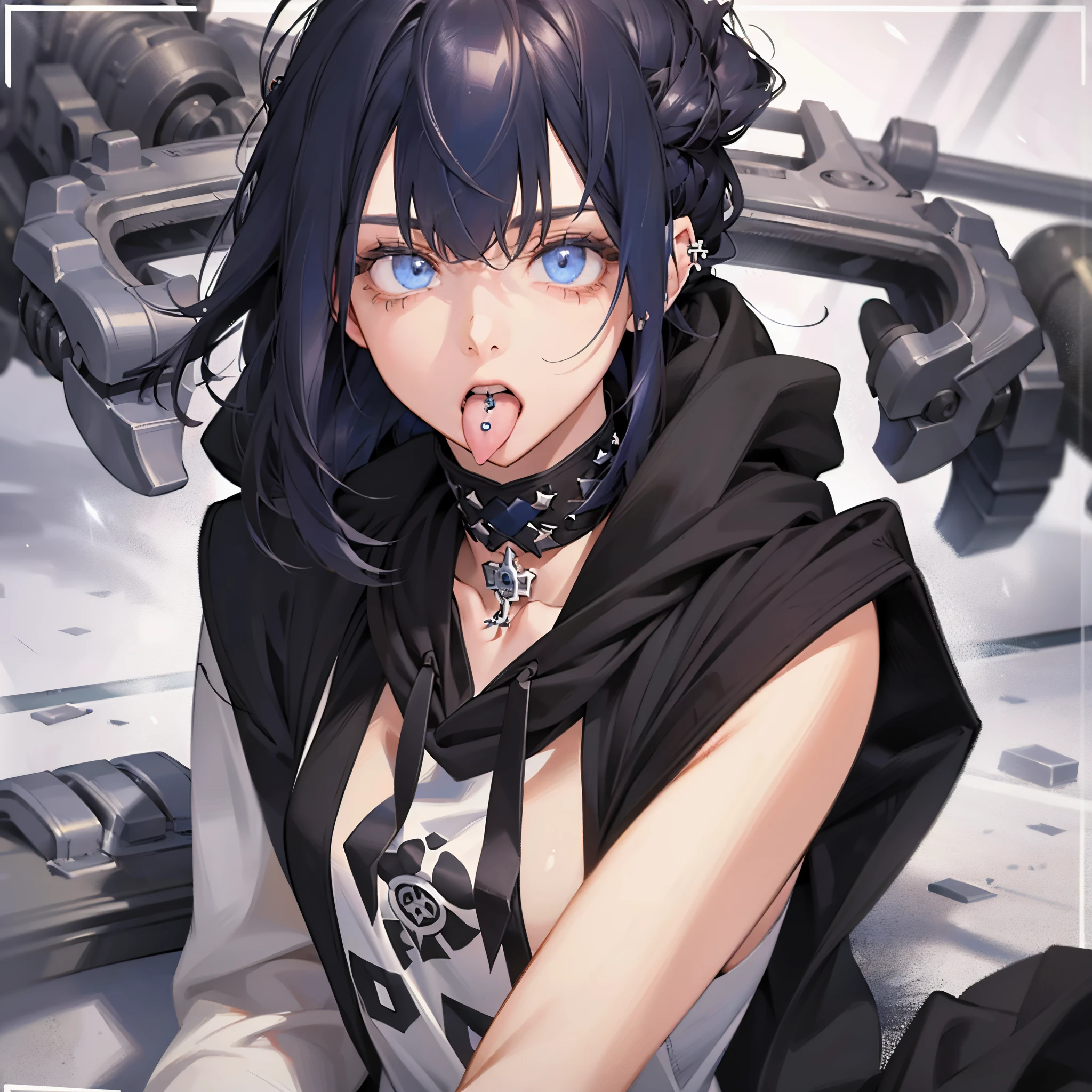 Masterpiece, best quality, high quality, ultra detailed, 1girl, solo, black hair, blue eyes, sleepy eyes, jig eyes, jitome, medium hair, grimdark, wearing black hoodie, cool face, tongue out, (tongue piercing)