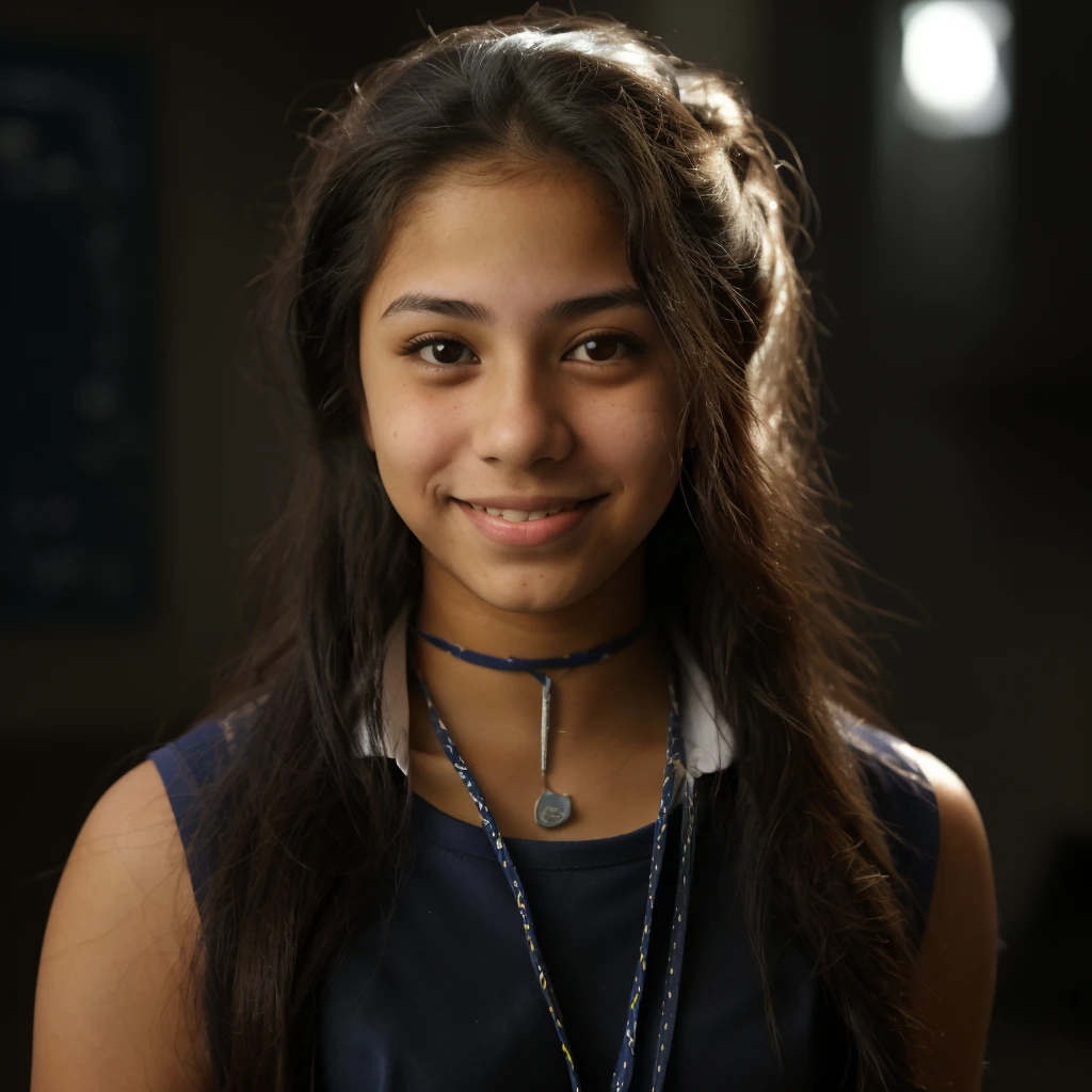 full body shot of a teenage Hispanic female wearing a blue school uniform, beautiful girl, head tilted to one side, smiling