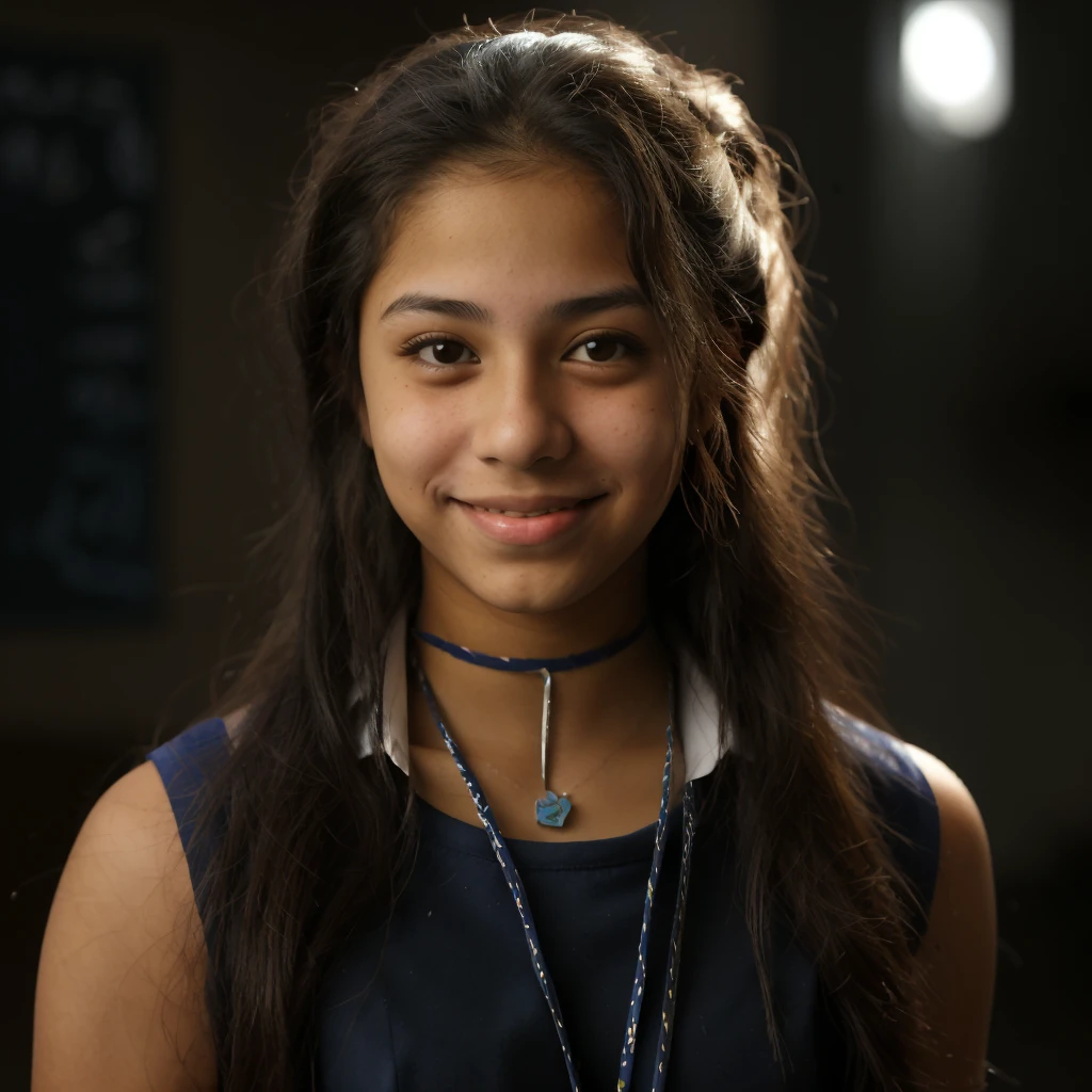 full body shot of a teenage Hispanic female wearing a blue school uniform, beautiful girl, head tilted to one side, smiling