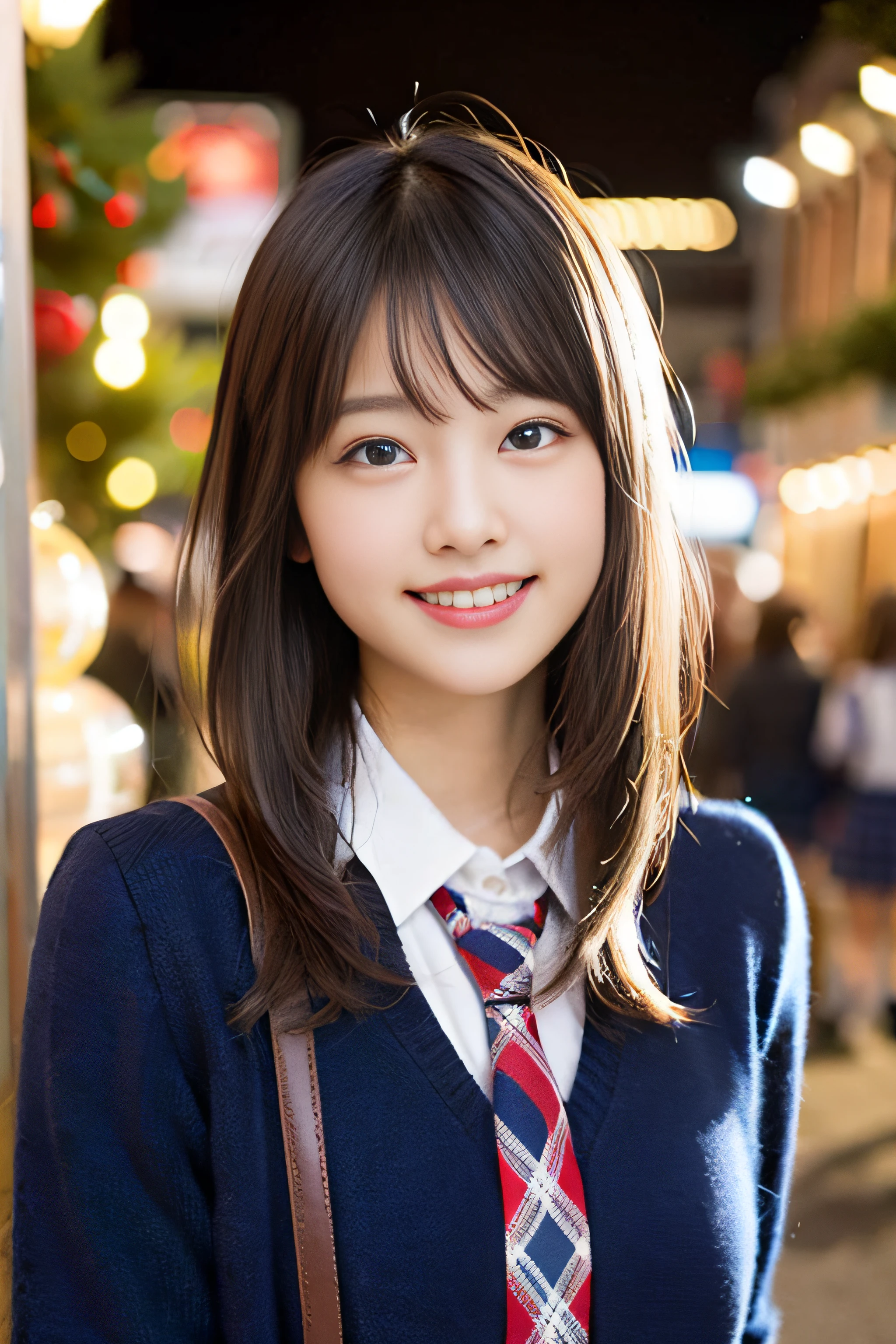 (8K、Raw photography、top-quality、masterpiece:1.2)、(realisitic、Photorealsitic:1.37)、ultra-detailliert、超A high resolution、女の子1人、see the beholder、beautifull detailed face、A smile、Constriction、(Slim waist) :1.3)、Beautiful detailed skin、Skin Texture、Floating hair、Professional Lighting、Whole human body、Longhaire、a blond、japanese hight school uniform、hi-school girl、Christmas Lights、red ribbon hair、Happy smile、Childish smile、Suppin、red school uniform、Light Blue Plaid Skirt、light blue plaid tie、Light blue eyes