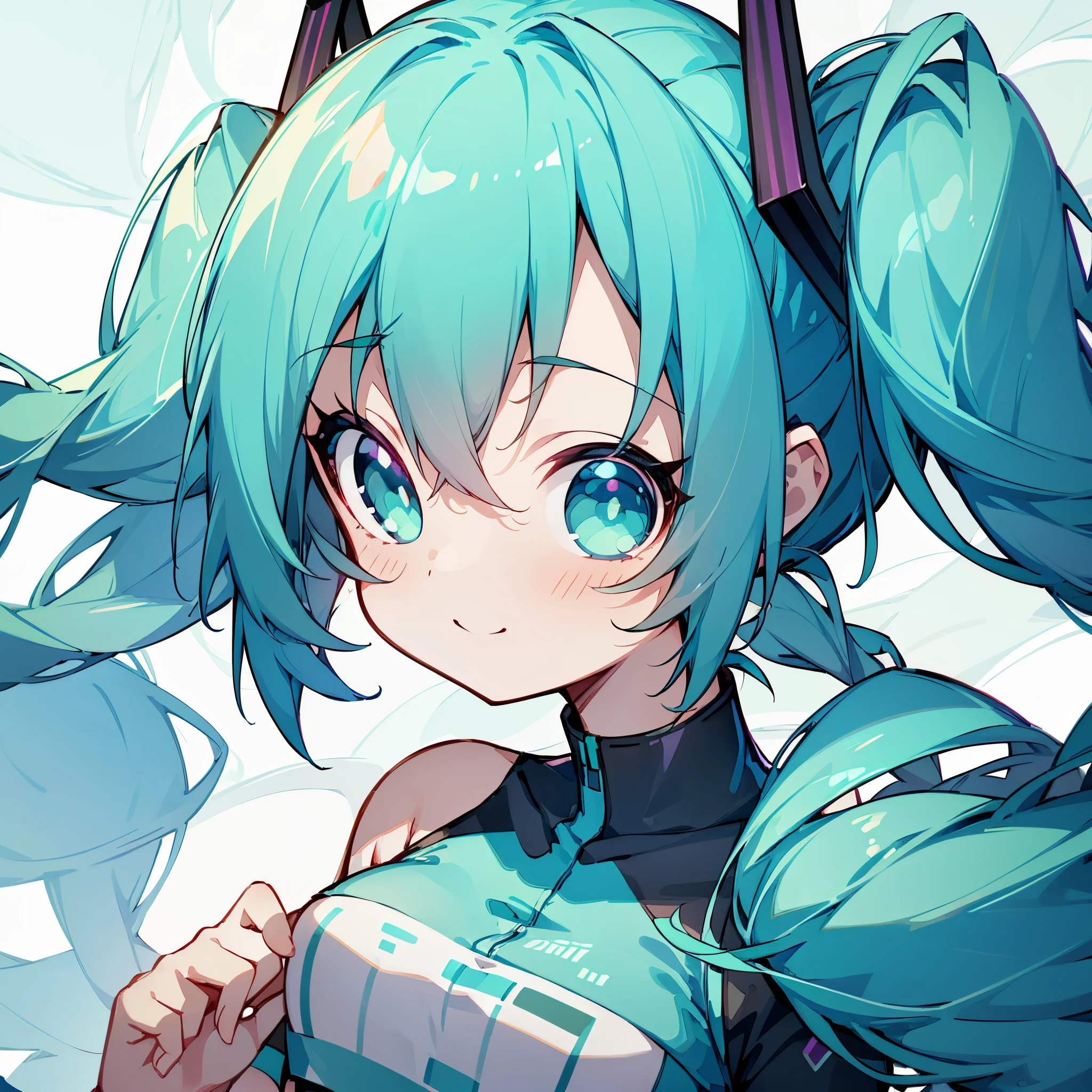 woman, hourglass body shape, perfect anatomy, hatsune miku, pigtails, teal, bright blue, racer, racer uniform, universe, cool pose, happy expression, adorable, slightly blush, teal hair, electric, glow, (((closeup))), wink