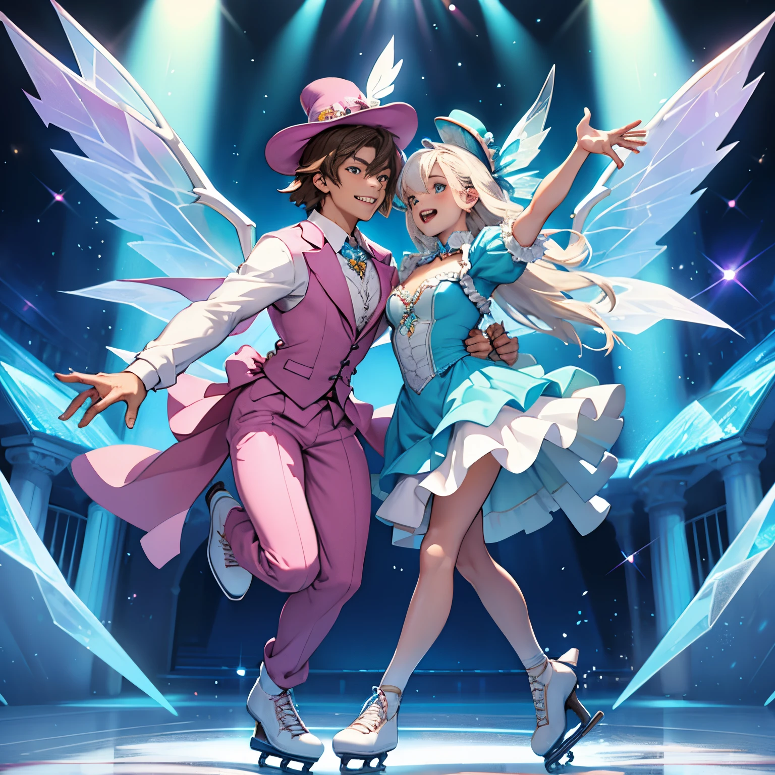 Frostv fairy couple with Crystal   icewings, dressed in Mad Hatter type clothing, on disconice rink skating dynamic poses