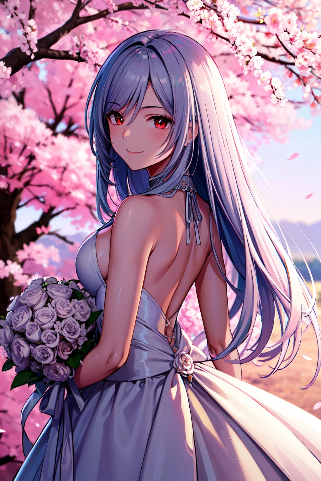 1 girl, 28 years old, Long silver hair, red eyes with slit pupils, small breasts, master-piece, best quality,  proportional body, proportional, Wedding Dresses, White Wedding Dress, Long skirt, wedding, Under the cherry blossom tree background, Cherry blossom petals are falling, outdoor, wedding, Upper body, The sky is beautiful, Both hands hold a bouquet of flowers, white gloves, Make eye contact with the camera, back figure, looking back, (light_Smile:1.5), (Detailed hands and fingers:1.2)