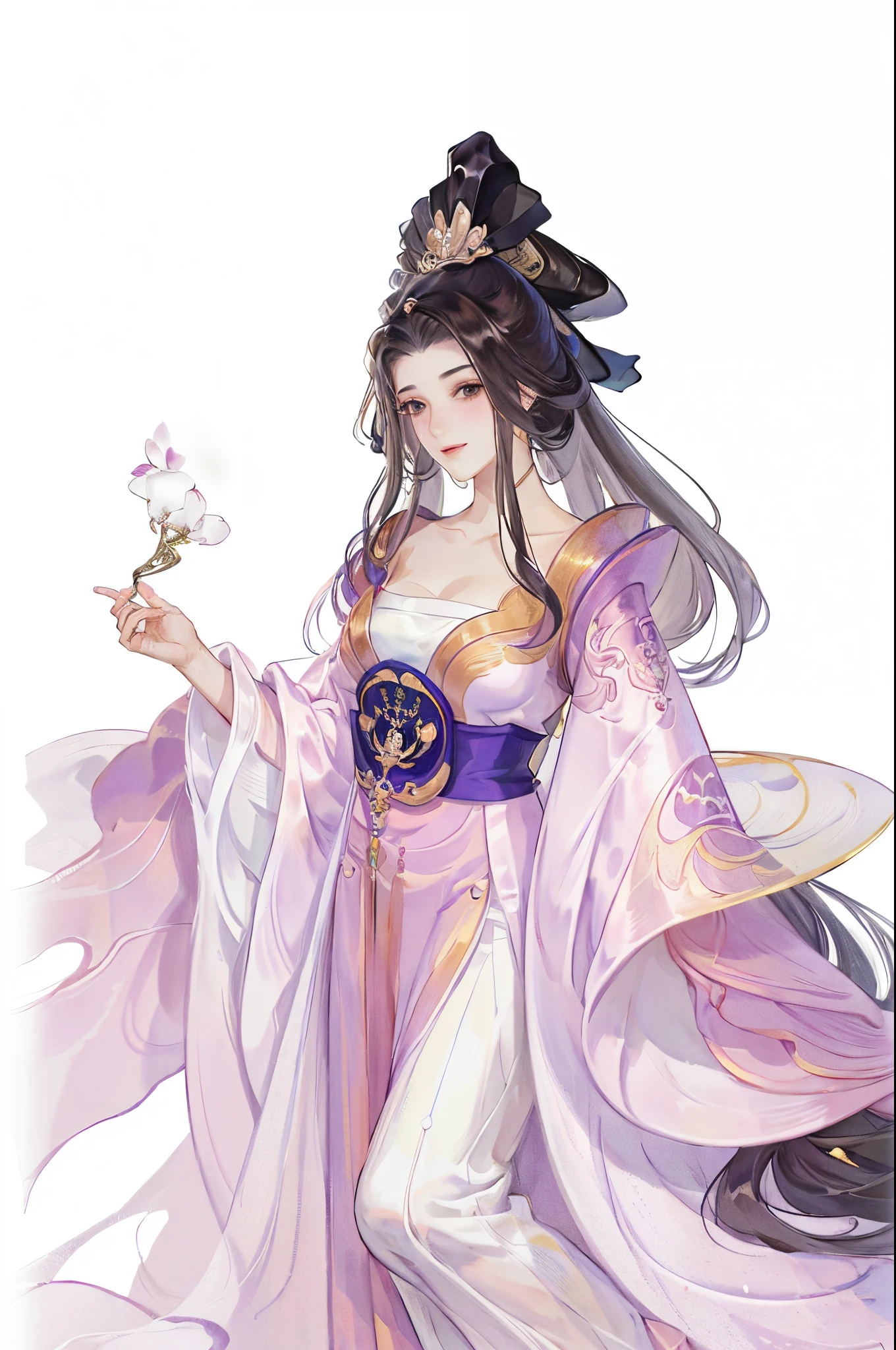 (((tmasterpiece, Best quality, 超高分辨率, CG unified 8K wallpaper, Best quality at best, ultra - detailed, ultra HD picture quality))), 1 girl, cabelos preto e longos, game fairy, peach blossom decoration, Hanfu, yarn, flowing gauze, jewely, ((Colorful)), Nice face, beautidful eyes, Beautiful hairstyle, Beautiful costumes, Structurally sound