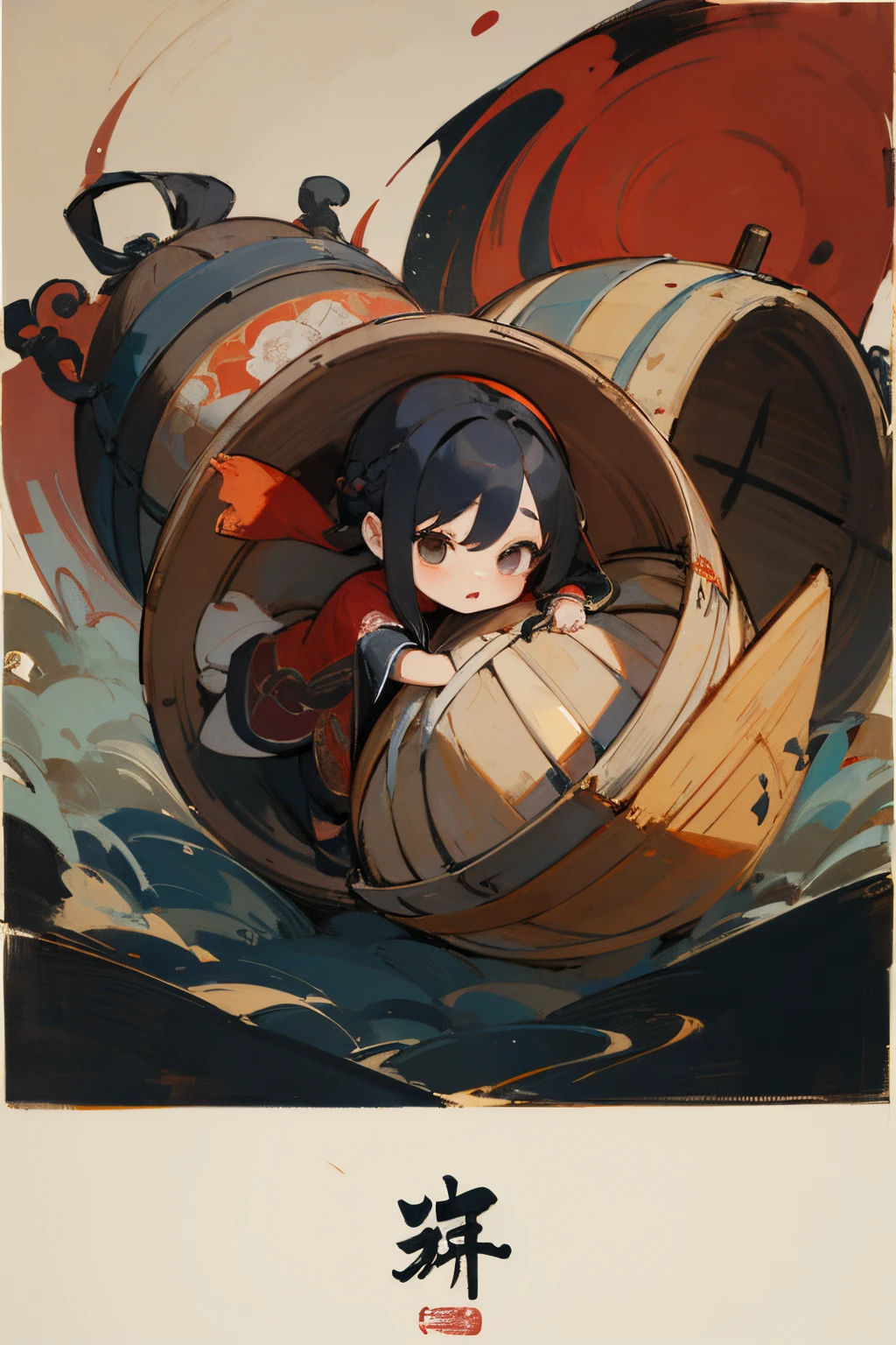 Black rice personification,Chibi,ancientry,qing dynasty painting, traditional painting, old chines painting, Wine barrels,1080p, ancient china art style