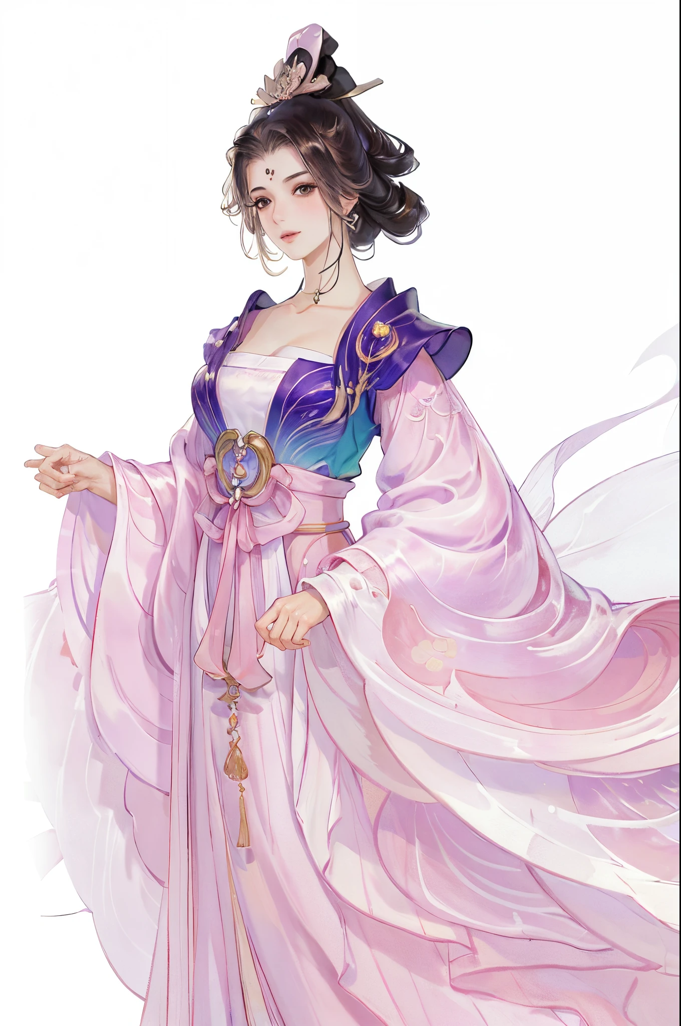 (((tmasterpiece, Best quality, 超高分辨率, CG unified 8K wallpaper, Best quality at best, ultra - detailed, ultra HD picture quality))), 1 girl, cabelos preto e longos, game fairy, peach blossom decoration, Hanfu, yarn, flowing gauze, jewely, ((Colorful)), Nice face, beautidful eyes, Beautiful hairstyle, Beautiful costumes, Structurally sound