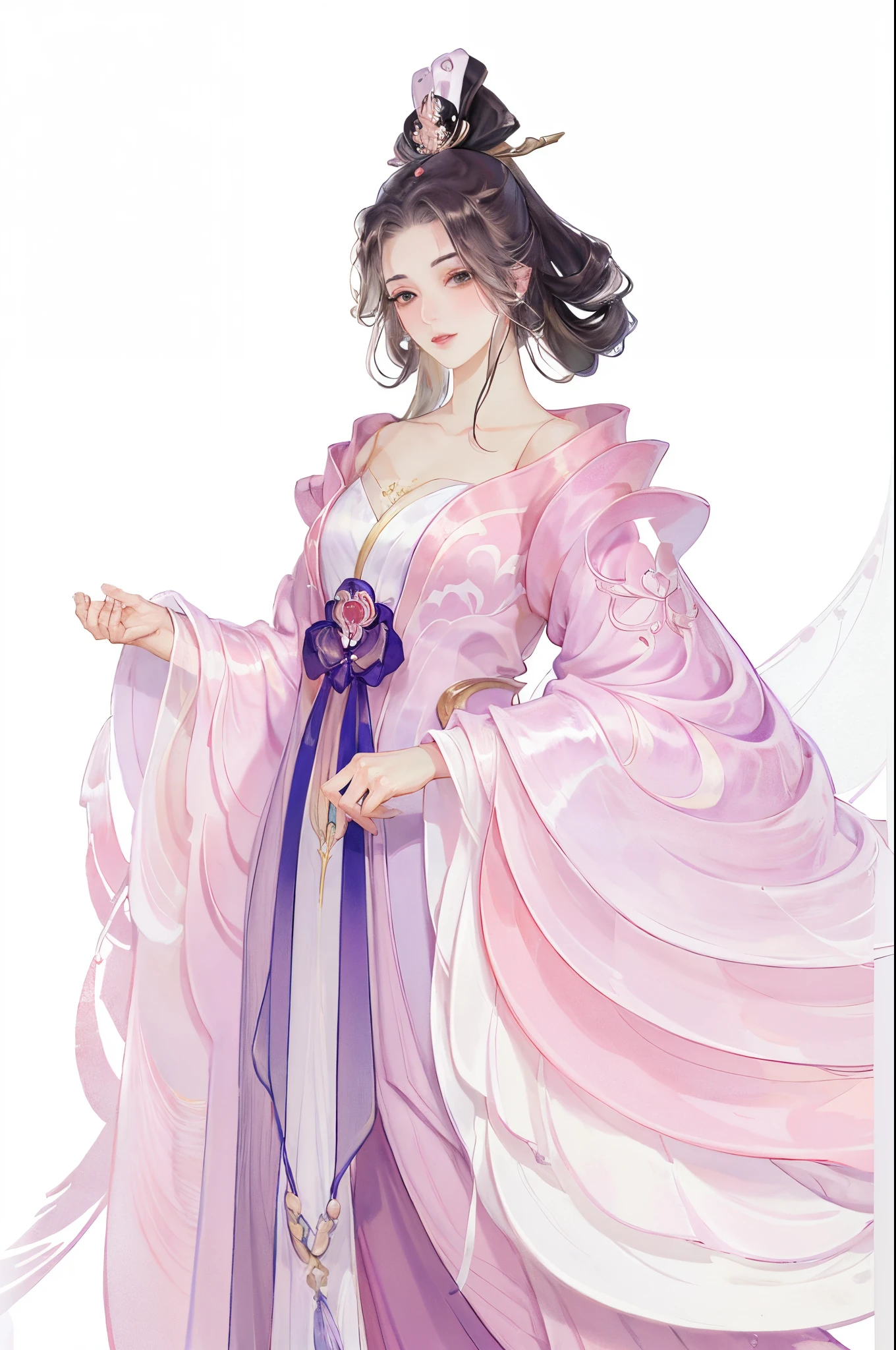 (((tmasterpiece, Best quality, 超高分辨率, CG unified 8K wallpaper, Best quality at best, ultra - detailed, ultra HD picture quality))), 1 girl, cabelos preto e longos, game fairy, peach blossom decoration, Hanfu, yarn, flowing gauze, jewely, ((Colorful)), Nice face, beautidful eyes, Beautiful hairstyle, Beautiful costumes, Structurally sound