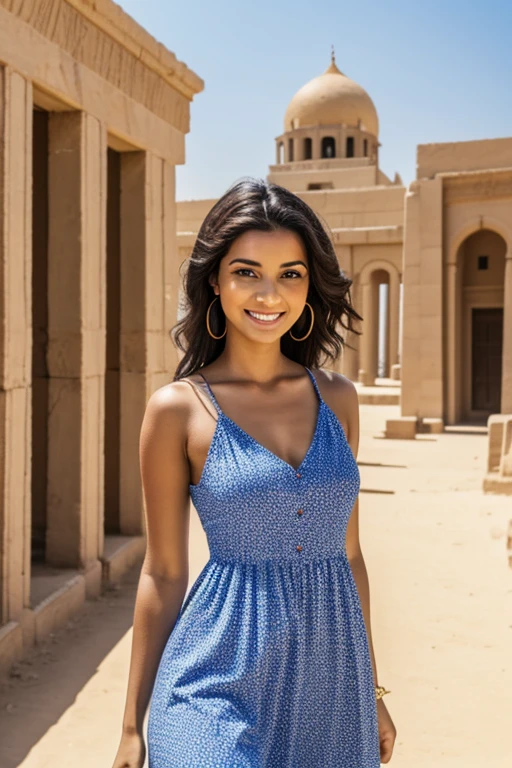 A beautiful Egyptian woman with charming and cheerful smile in a sunny day wearing a summer dress. The Egyptian museum in the background. 4k, very high details.