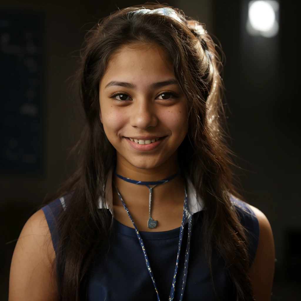 full body shot of a teenage Hispanic female wearing a blue school uniform, beautiful girl, head tilted to one side, smiling, winking at camera