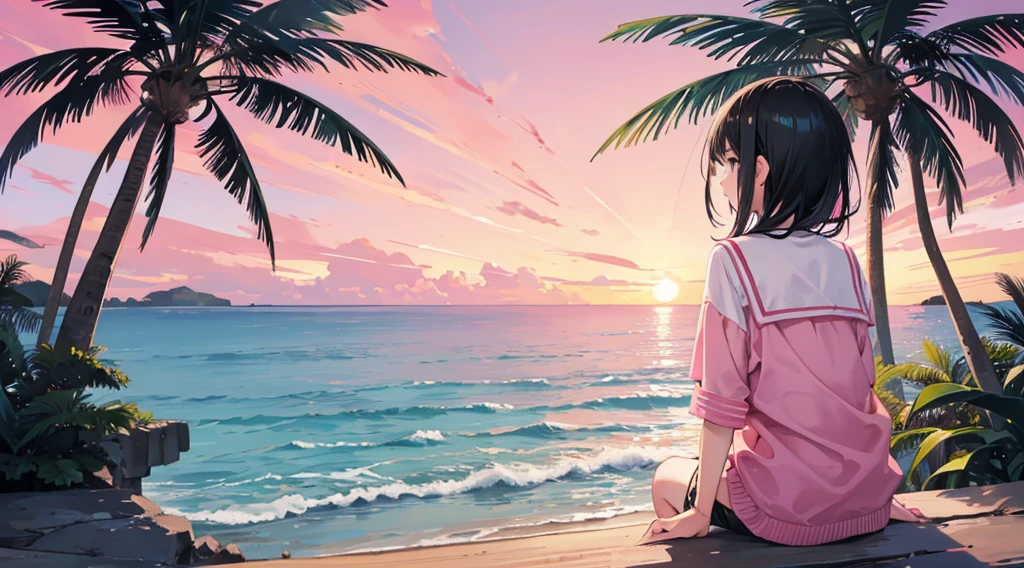 (pink sky, seaside, palm tree), (back view of a girl sitting, black hair)