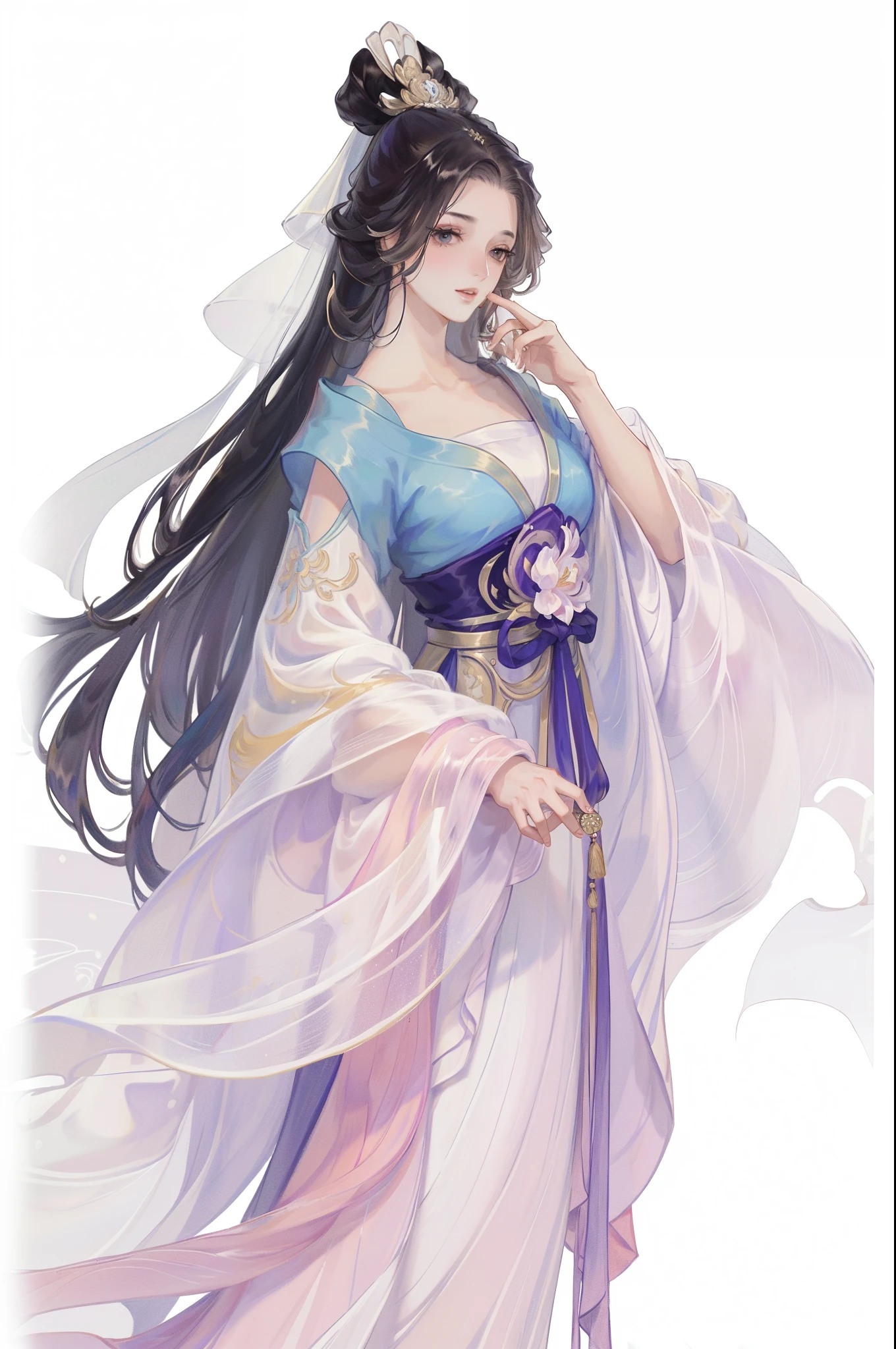 (((tmasterpiece, Best quality, 超高分辨率, CG unified 8K wallpaper, Best quality at best, ultra - detailed, ultra HD picture quality))), 1 girl, cabelos preto e longos, game fairy, peach blossom decoration, Hanfu, yarn, flowing gauze, jewely, ((Colorful)), Nice face, beautidful eyes, Beautiful hairstyle, Beautiful costumes, Structurally sound