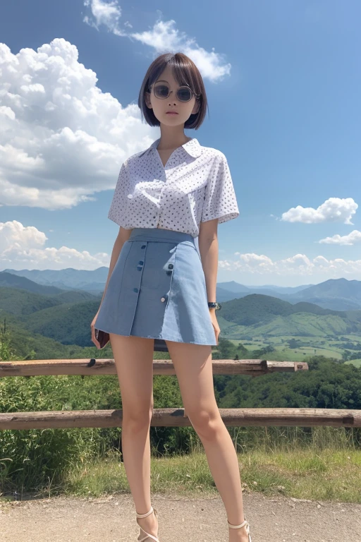 best qualtiy, Cut length double eyes, frontal face, 浅笑, Smaller chest、Thin waist,Japan Women, Standing, Full body short, Looking at the camera, short-hair, Light brown hair, Hands behind the body, plateau, log fence, Mountain ridgeline against the blue sky,Short sleeve shirt with polka dot pattern, White mini skirt, White sandals, Nobeyama, Panties visible in the wind