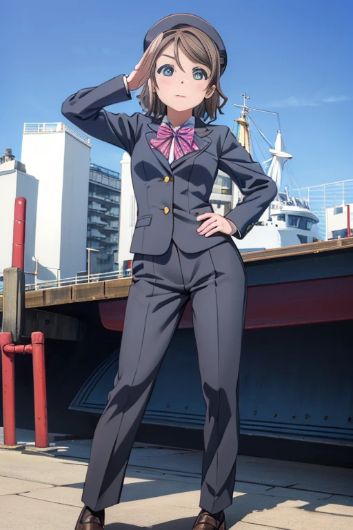 (((pixel perfect, Detail Perfect))), well-drawn hands, Solo, 1girl in, Watanabe, , bowtie, Looking at Viewer, Serious look,captain suit,slacks,Leather shoes,Captain's hat,Left hand salute,Right hand on hip,harbour,Background with(Ships at anchor)