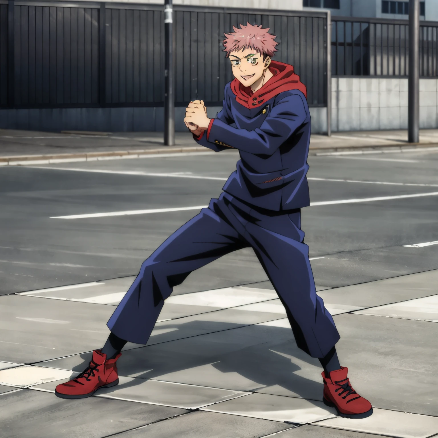 masterpiece,high quality,solo,outdoors,
smile,
YuujiItadori,1boy,
gakuran,hood,
pants,
socks,red footwear,
full body,fighting_stance,