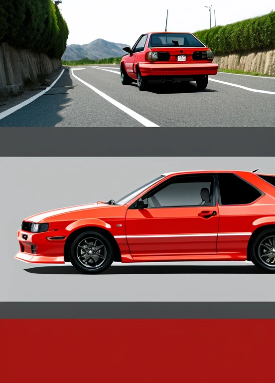 Toyota Corolla GT-S(AE86)in anime style、Please generate an illustration depicting a dynamic scene drawn in red body color.