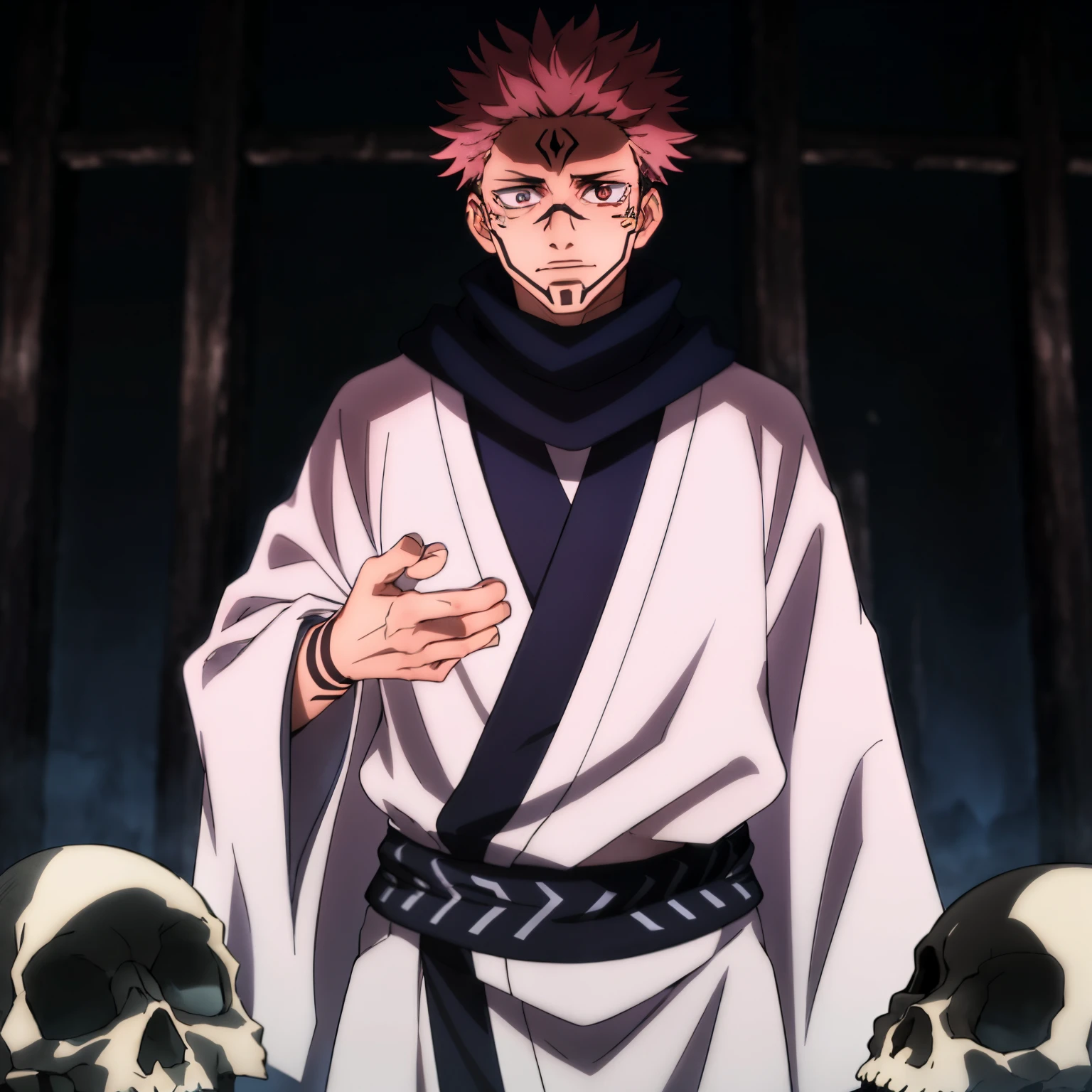 masterpiece,high quality,solo,
RyomenSukuna,1man,
blue scarf,japanese clothes,white kimono,wide sleeves,long sleeves,
obi,
tabi,zouri,
hell,shadow,shadowed face,skull,