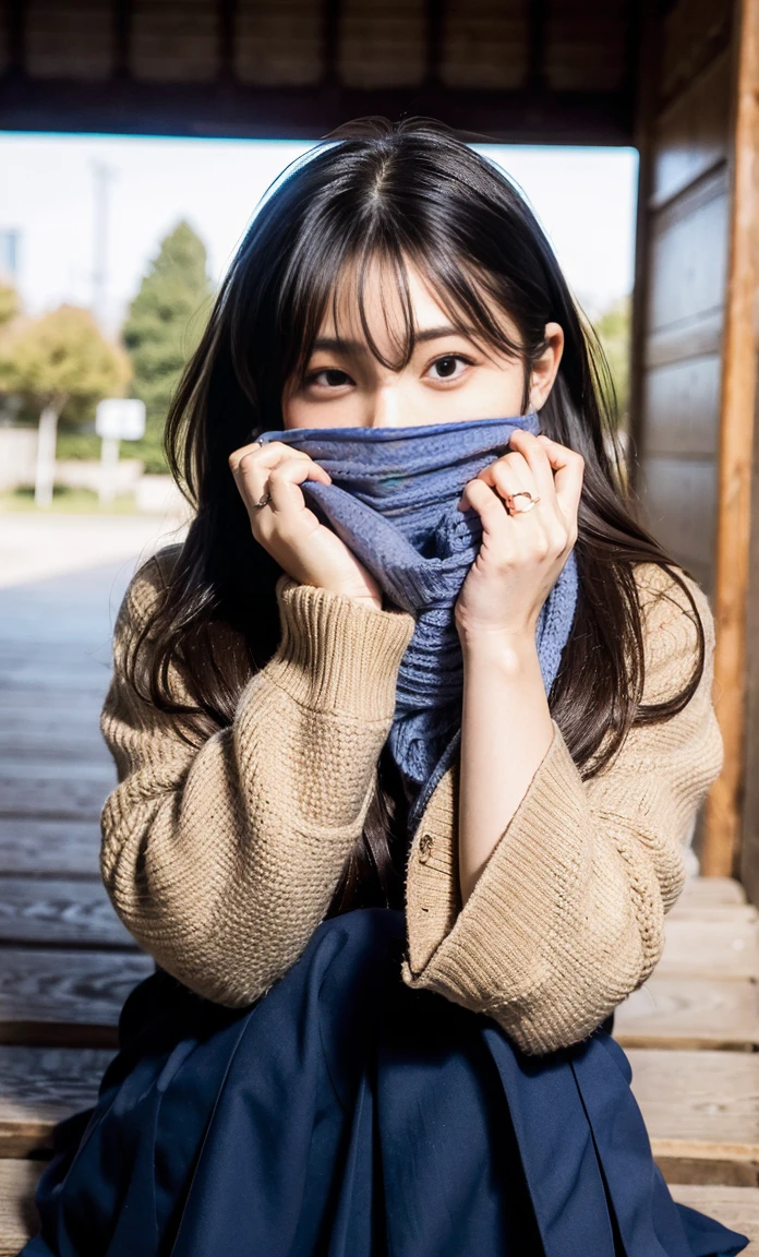 ulzzang -6500-v1.1, (Raw foto:1.2), (Photorealsitic:1.4), a beautiful detailed girl, extremely detailed eye and face, beatiful detailed eyes, Ridiculous, unbelievable Ridiculous, huge filesize, ultra-detailliert, hight resolution, ighly detailed, top-quality, ​masterpiece, Kemomimi, ((bury your face in your scarf)), (((Japan schoolgirl uniform))), illustratio, ighly detailed, nffsw, unification, 8k wallpaper, astonishing, finely detail, ​masterpiece, top-quality, Highly detailed ticker uniform 8K wallpaper, face lights、Cinematographic lighting、1girl in、sixteen years old、(witheout panties)、((dynamicposes)))、(camel's toe)、(half)、(Crooked knees and legs sitting))