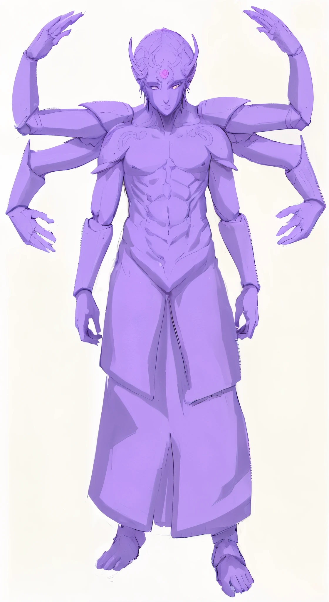Anime six arm violet warrior statute, full body concept, male djinn man demon hybrid, detailed full body concept, humanoid form, djinn man male demon, zoomed out full body, full - body and head view, full body details, full body concept art, symmetrical fullbody rendering, human male demon