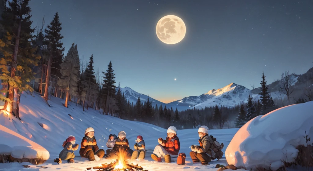 (full moon:1.1), picturesque landscape, vibrant colors, snowy peaks, majestic scenery, frosted trees, sparkling moonlight, crisp atmosphere, (adventurous:1.1), (explorers:1.2), (hiking:1.1), (snowboarding:1.2), (campfire:1.2), (warm clothing:1.1), (knitted hats:1.1), (cozy:1.1), (joyful:1.1), (family:1.1), (friends:1.2), (laughter:1.2), (fun:1.1), (excitement:1.1), (memorable:1.1), (leisure:1.1), (peaceful:1.1), (tranquil:1.1), (serene:1.1), (resplendent:1.1), (unforgettable:1.1), (adventure-filled:1.1), (mesmerizing:1.1), (stunning:1.1), (dream-like:1.1), (idyllic:1.1), (bewitching:1.1), (captivating:1.1), (enchanting:1.1), (breathtaking:1.1), (scenic:1.1), (exquisite:1.1), (dazzling:1.1), (immersive:1.1), (spectacular:1.1), (unspoiled:1.1), (majestic:1.1), (awe-inspiring:1.1), (stunningly realistic:1.37), (HDR:1.1), (UHD:1.1), (studio lighting:1.1), (ultra-fine painting:1.1), (sharp focus:1.1), (physically-based rendering:1.1), (extreme detail description:1.1), (professional:1.1), (vivid colors:1.1), (bokeh:1.1), (dreamy:1.1), peaceful night scenery with snowy mountains, vibrant clouds, and a full moon casting its enchanting glow on the landscape. The stars twinkle in the night sky, and the moonlight reflects on the glistening snow. Adventurous explorers embark on outdoor activities, such as hiking and snowboarding, enjoying the crisp air and the breathtaking beauty of nature. They gather around a cozy campfire, wearing warm clothing and knitted hats, laughing and creating unforgettable memories. The landscape  resplendent with its idyllic charm, captivating everyone with its mesmerizing details. This stunningly realistic 8K wallpaper transports you to a world of tranquility and serenity.