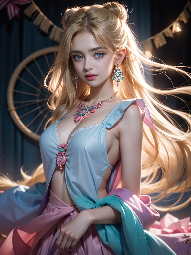 masterpiece, best quality, extremely detailed CG unity 8k wallpaper, (Upper Body head close-up shot of a beautiful little girl), , Elegant Long straight blonde hair, (Mckenna Grace), (flat chest,thighs), (blue-pink) golden (Glittering tutu,long Bunny Ear Headgear, , Dog Collar, No panties, genitals visible), (spread legs), (Blush), oil skin, (seductive smile), (Wonderland), pretty face, key art, award winning, intricate detail realism hdr, by (ruan jia and artgerm and range murata), Photorealism, Hyperrealism, ultra realistic, dramatic light, intense shadows, gorgeous view, depth of field