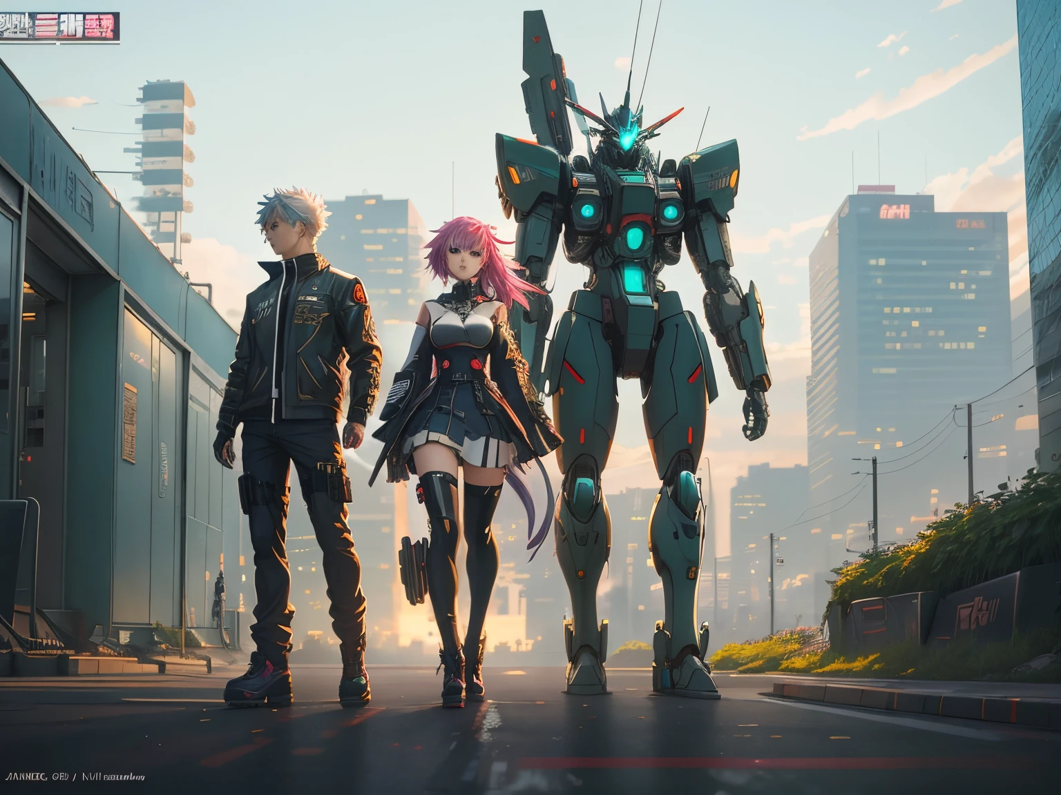 anime characters standing in a city with a city background, modern mecha anime, mecha anime, modern sci-fi anime, digital cyberpunk anime art, modern cyberpunk anime, mecha asthetic, sci fi anime, digital cyberpunk anime!!, sci-fi anime, digital cyberpunk - anime art, anime mecha aesthetic, best anime 4k konachan wallpaper
